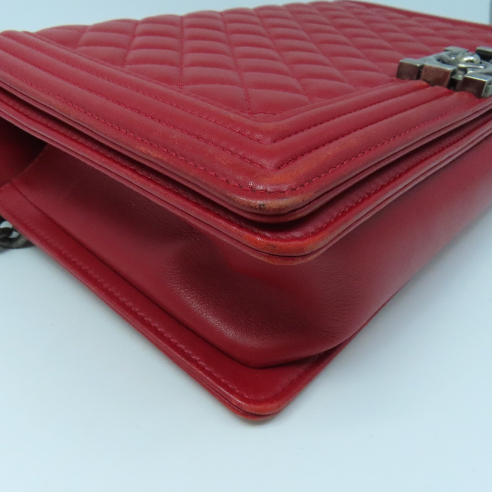 CHANEL Diamond Sheepskin Leather Boy Chanel 28cm Silver Buckle Chain Shoulder Bag Red