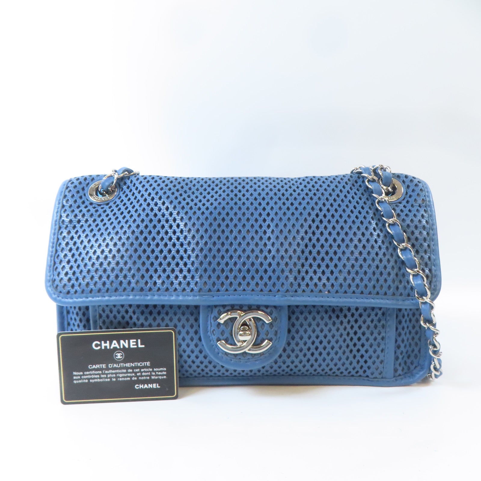 CHANEL 【激減優惠】牛皮皮革Chain Shoulder銀扣鏈帶肩背袋藍色