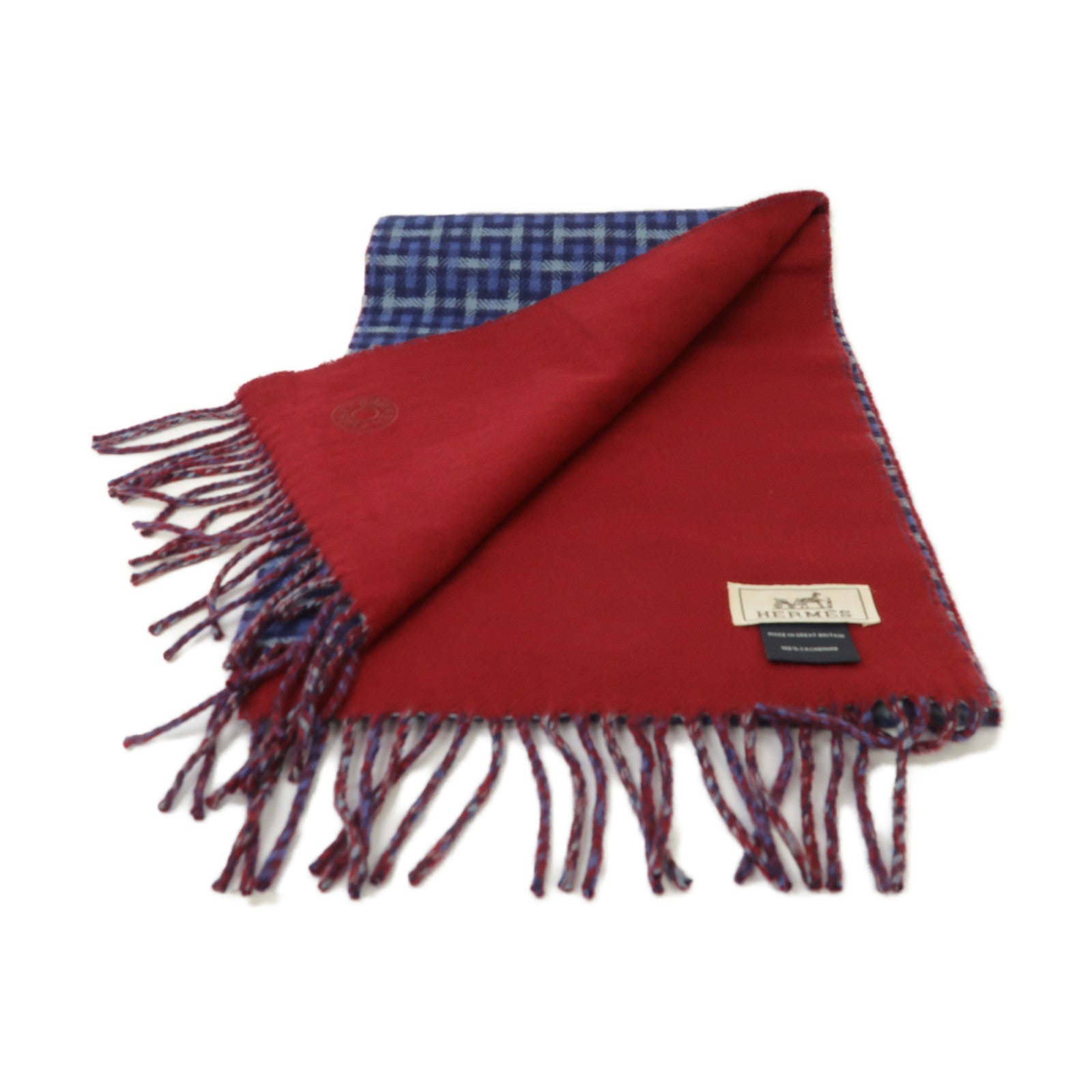 HERMES 【激減優惠】羊絨Muffler圍巾藍色/紅色