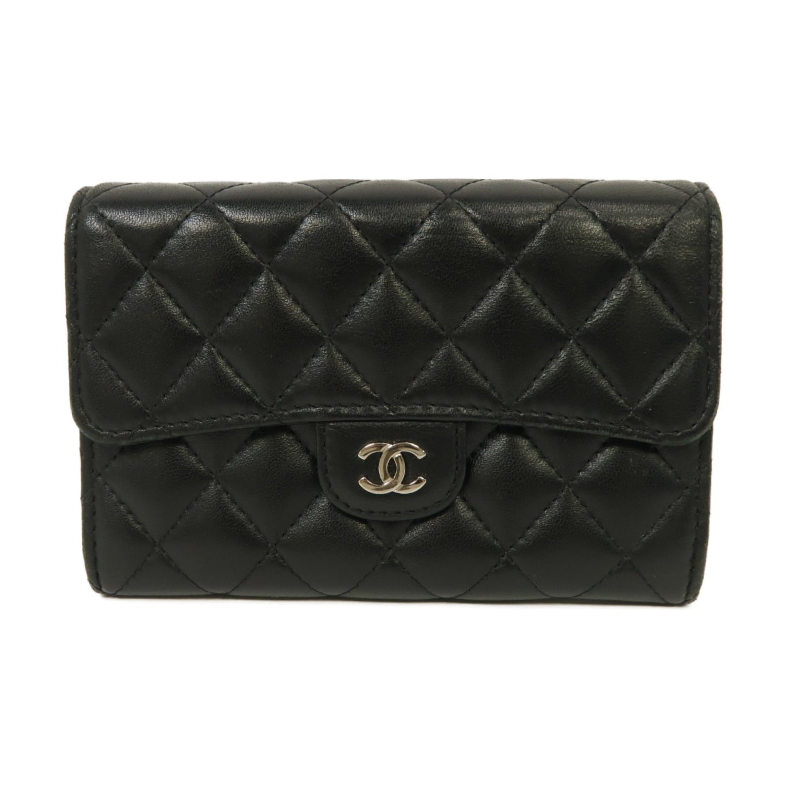 CHANEL 菱格羊皮皮革Wallet銀扣錢包黑色