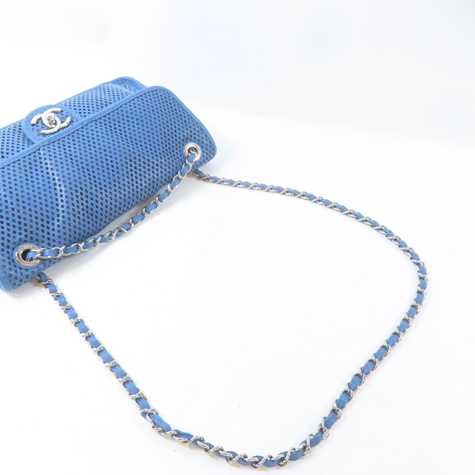CHANEL 【激減優惠】牛皮皮革Chain Shoulder銀扣鏈帶肩背袋藍色