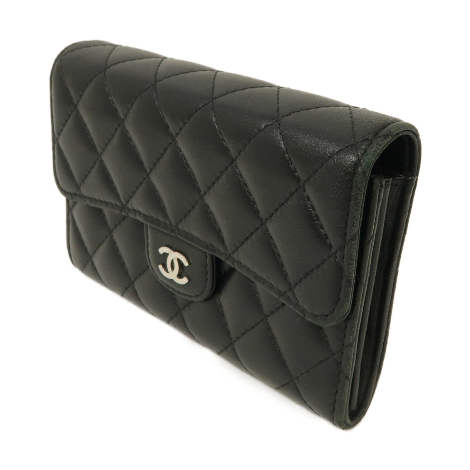 CHANEL 菱格羊皮皮革Wallet銀扣錢包黑色