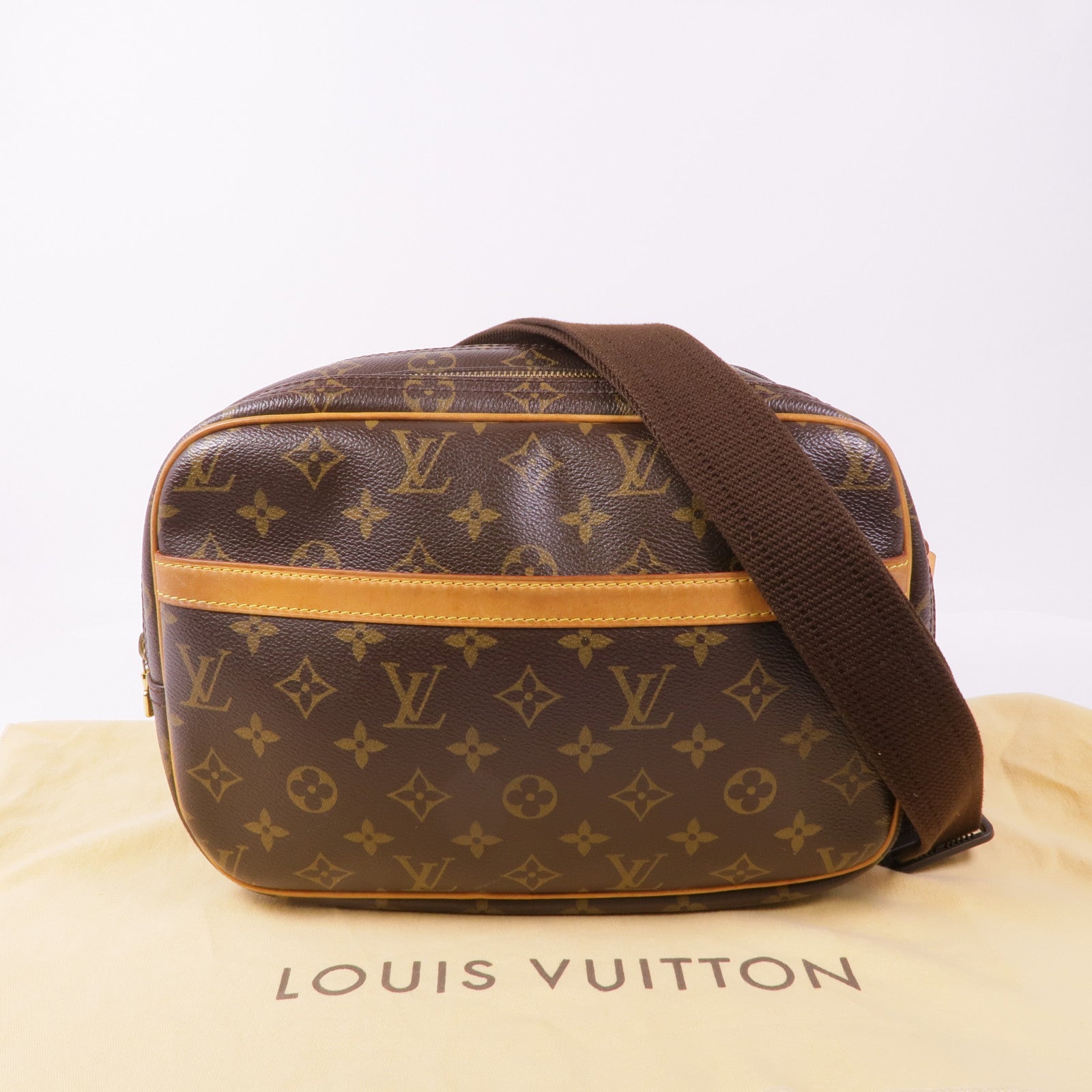 LOUIS VUITTON Monogram Reporter PM金扣肩背袋棕色