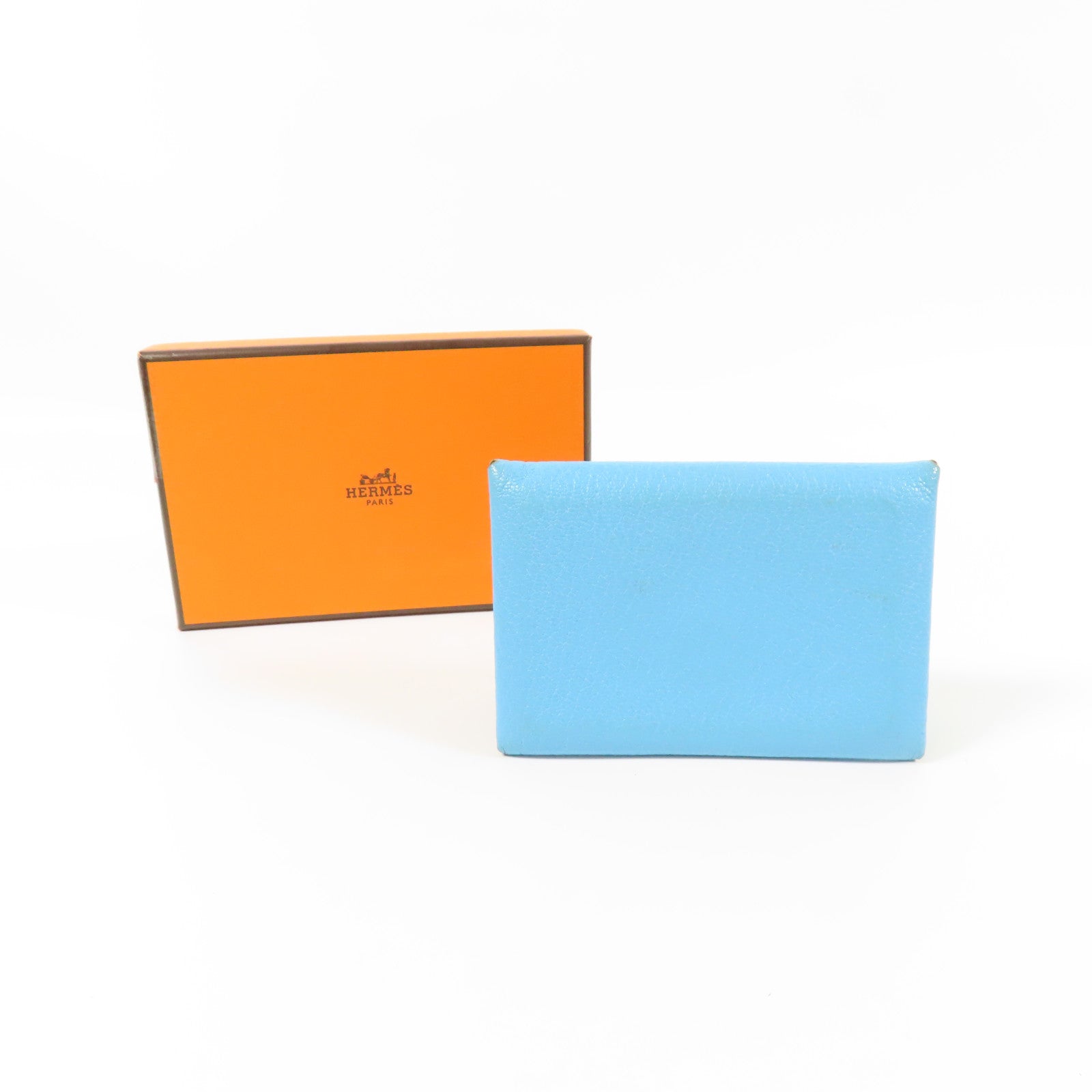 HERMES Chevre皮革Calvi銀扣卡片套Bleu du Nord