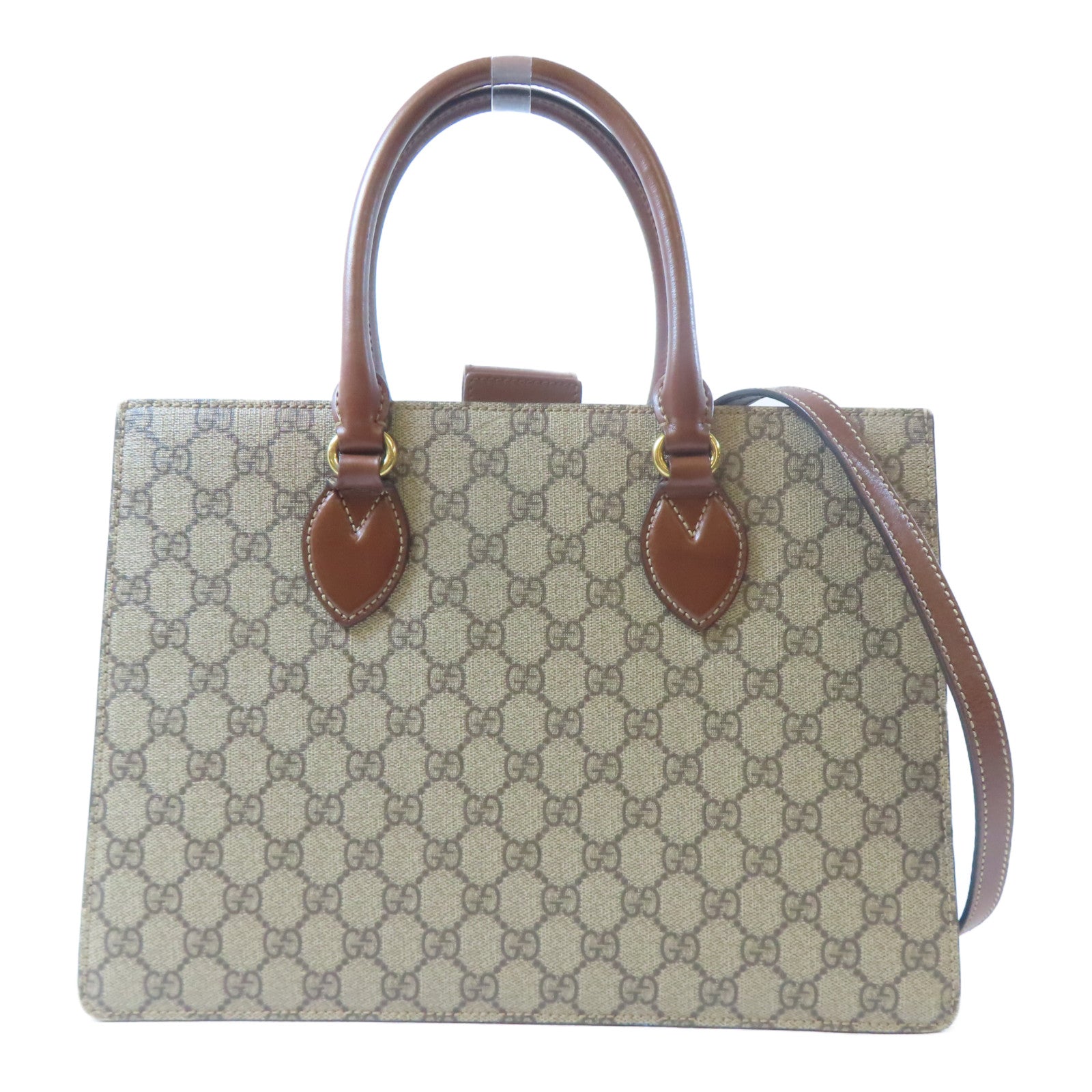 GUCCI 【激減優惠】塗層帆布GG Supreme Handbag金扣手挽肩背兩用袋啡色