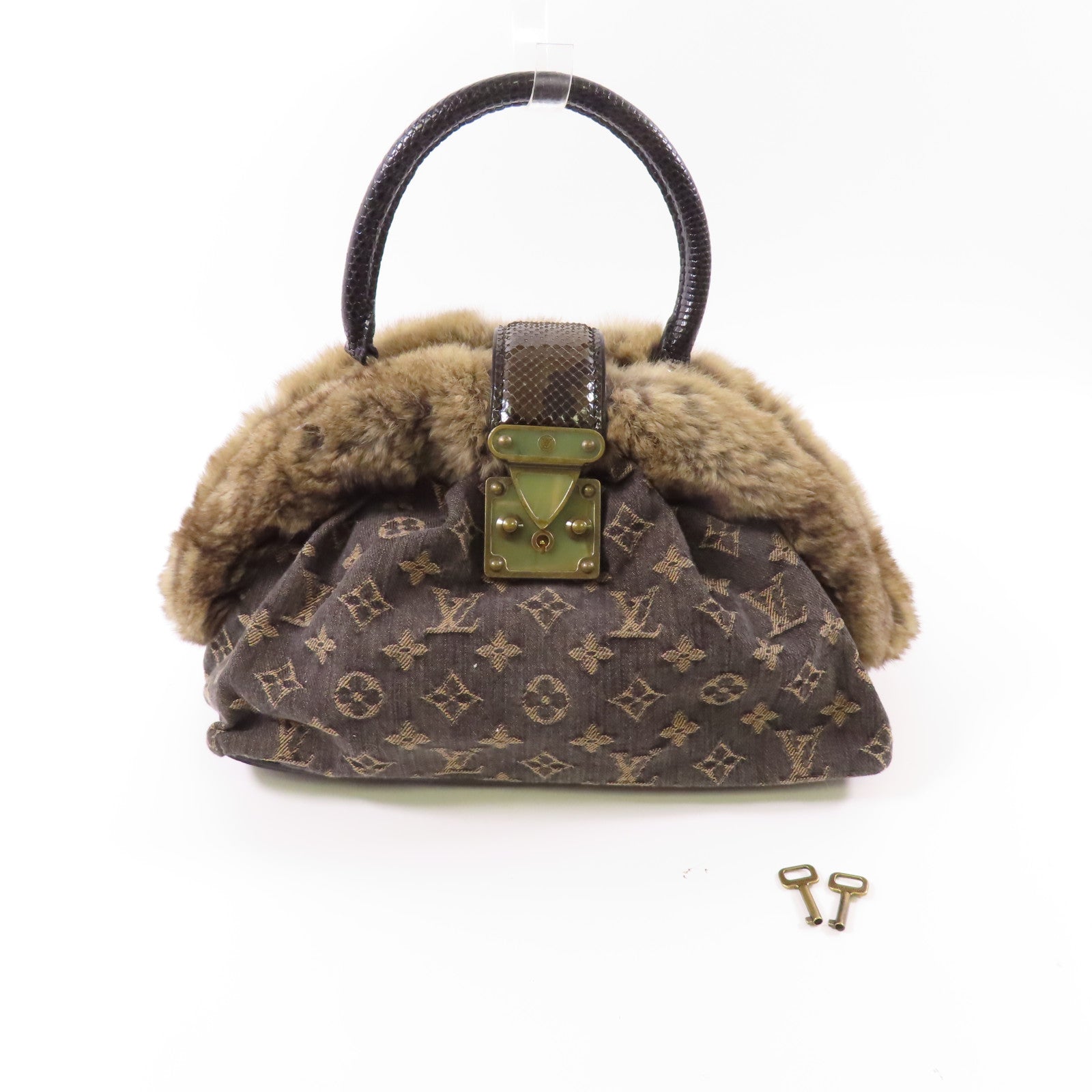 LOUIS VUITTON 【激減優惠】Monogram Denim/南美栗鼠皮毛/蛇皮皮革Handbag金扣手挽袋