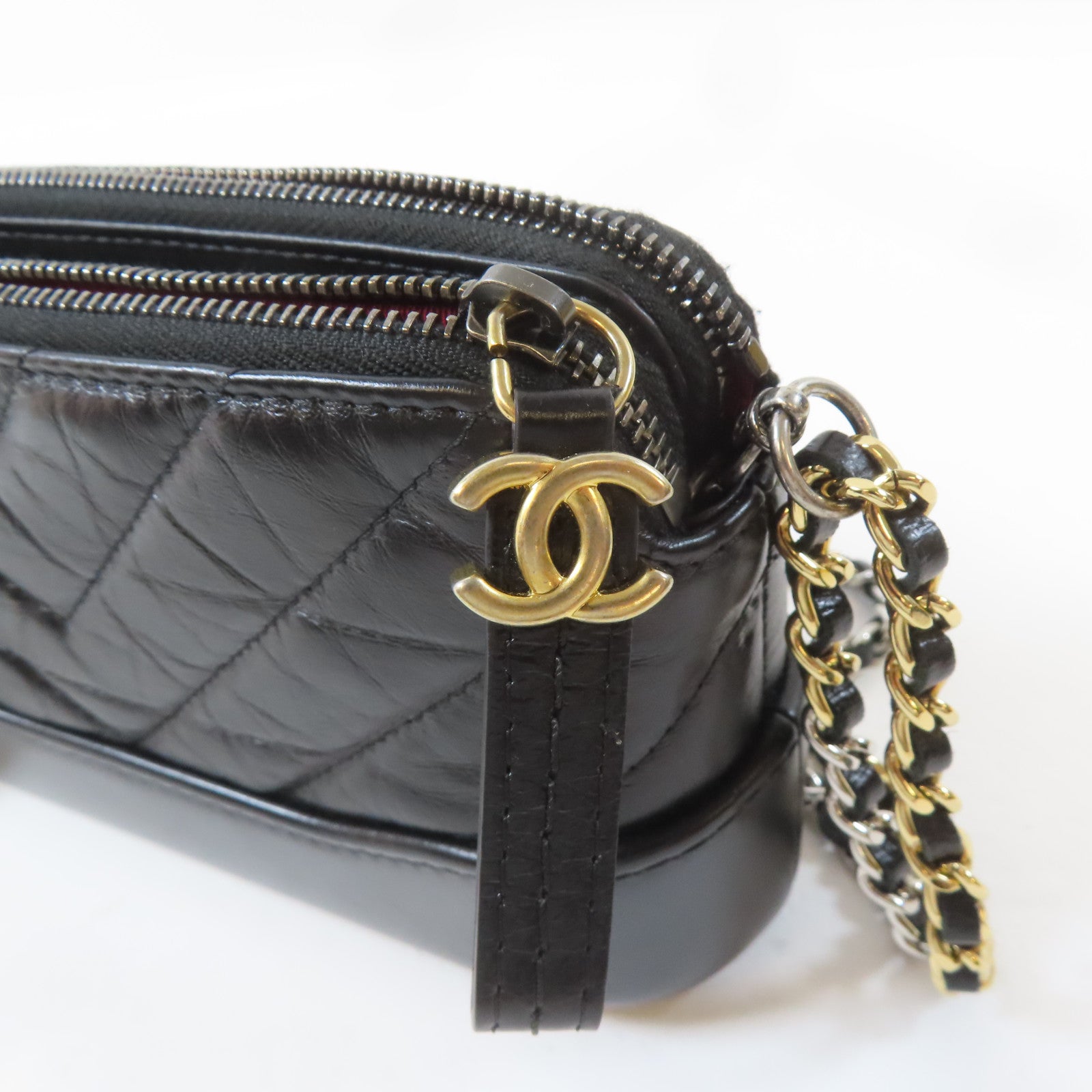 CHANEL 牛皮皮革Gabrielle Wallet On Chain金扣/銀扣鏈帶肩背袋黑色