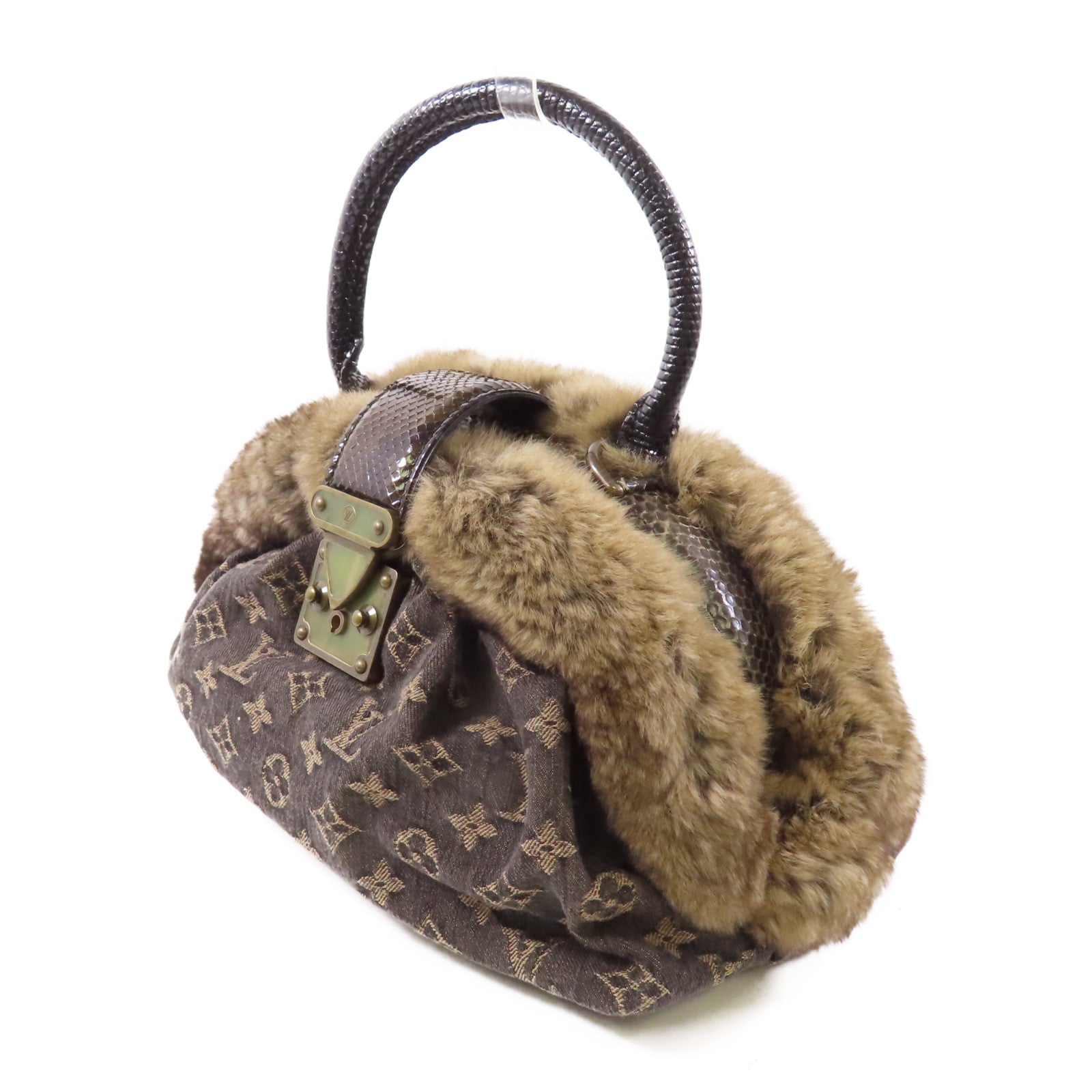 LOUIS VUITTON Monogram Denim/南美栗鼠皮毛/蛇皮皮革Handbag金扣手挽袋