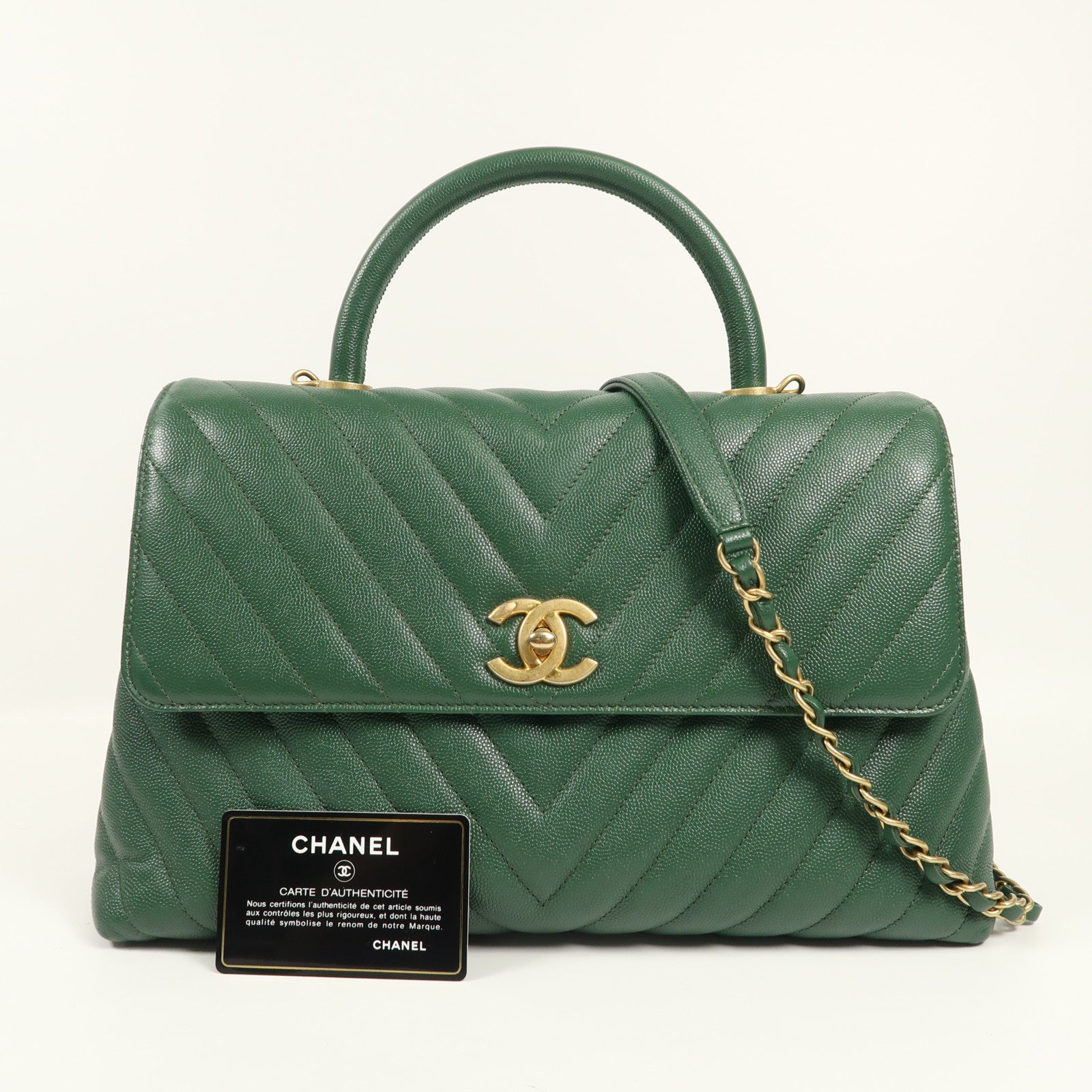 CHANEL 牛皮皮革Coco Handle Large金扣鏈帶手挽肩背兩用袋