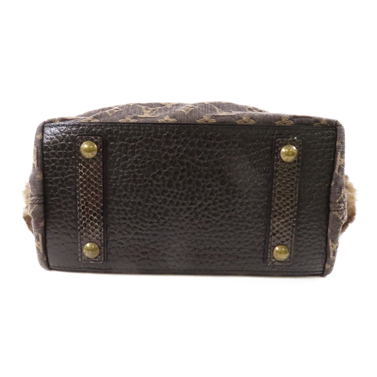 LOUIS VUITTON Monogram Denim/南美栗鼠皮毛/蛇皮皮革Handbag金扣手挽袋
