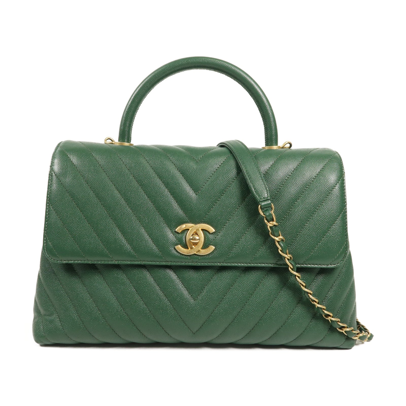 CHANEL 牛皮皮革Coco Handle Large金扣鏈帶手挽肩背兩用袋