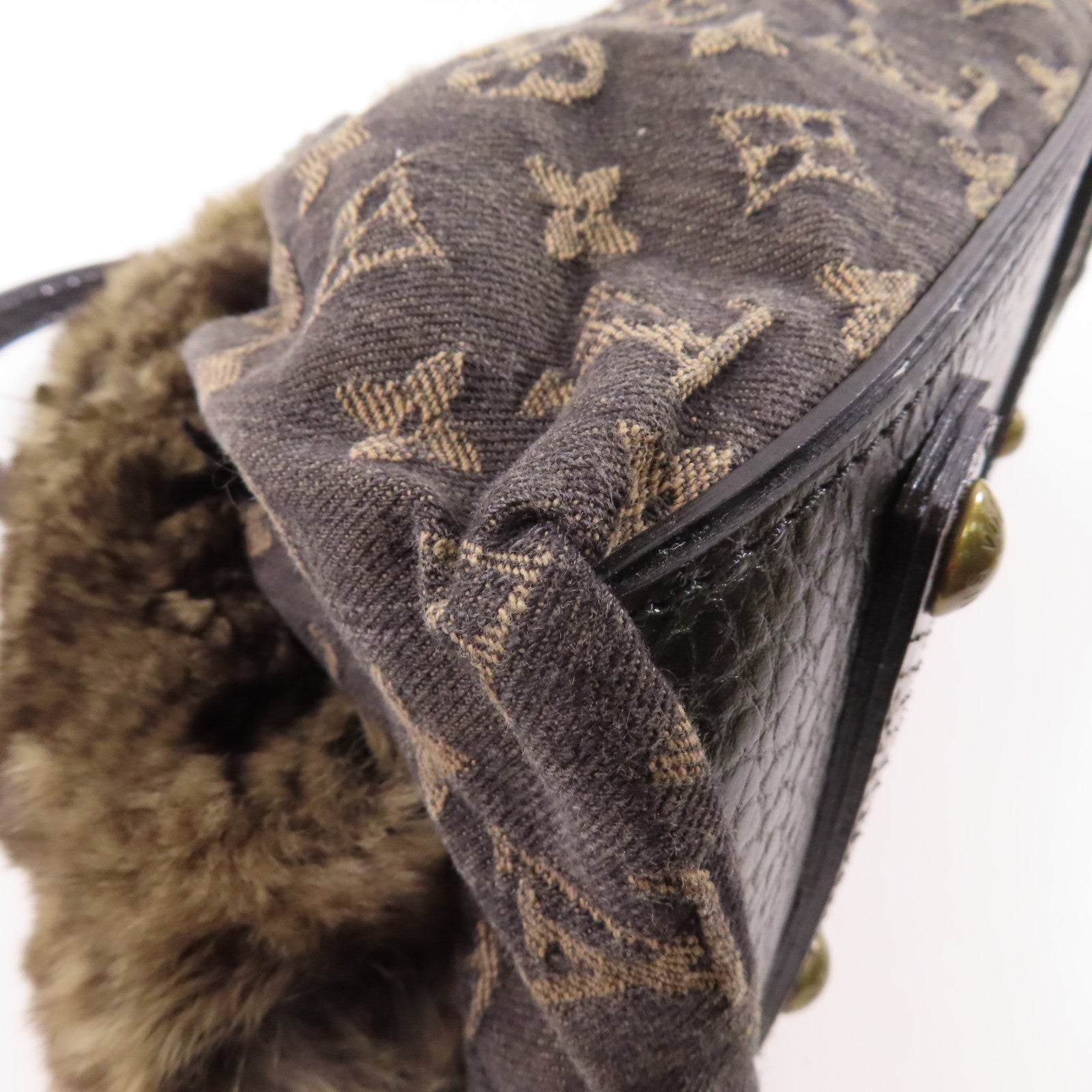 LOUIS VUITTON Monogram Denim/南美栗鼠皮毛/蛇皮皮革Handbag金扣手挽袋