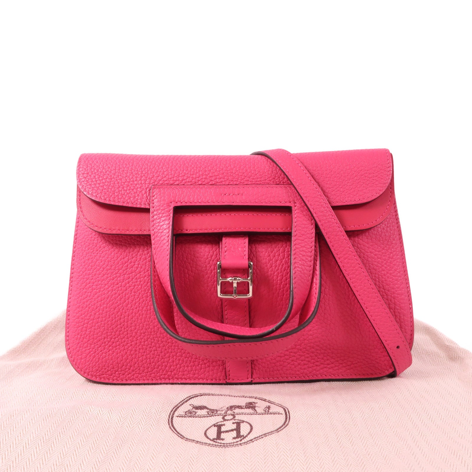 HERMES Clemence皮革Halzan 25銀扣手挽肩背兩用袋Framboise