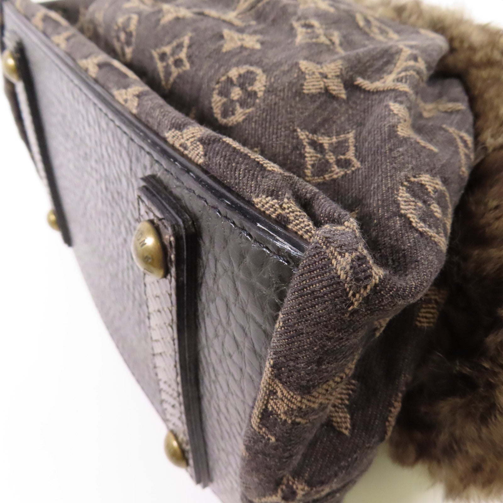 LOUIS VUITTON Monogram Denim/南美栗鼠皮毛/蛇皮皮革Handbag金扣手挽袋