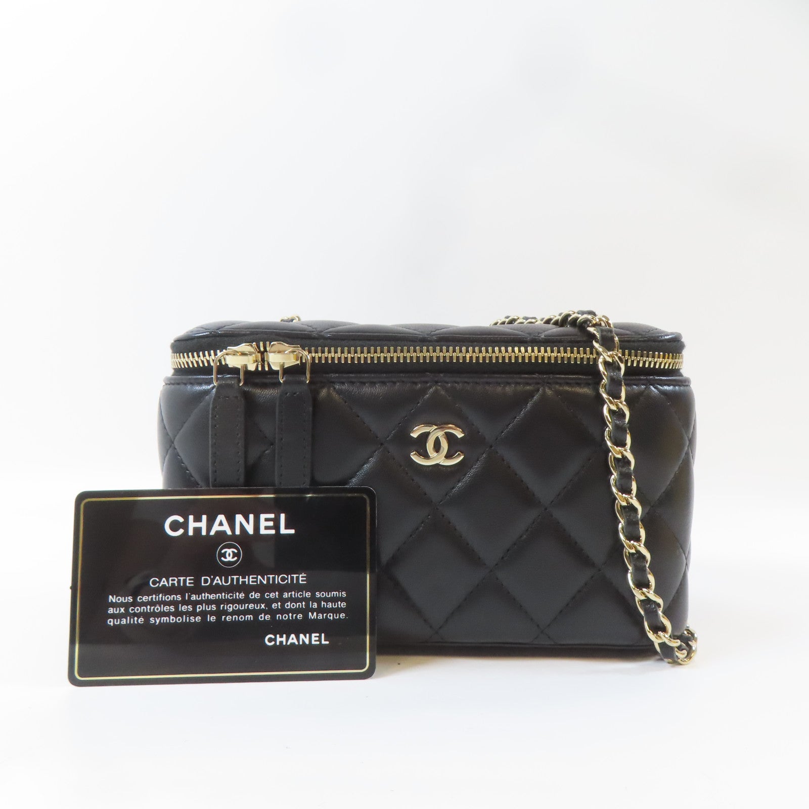 CHANEL 菱格羊皮皮革Vanity Bag金扣鏈帶肩背袋黑色