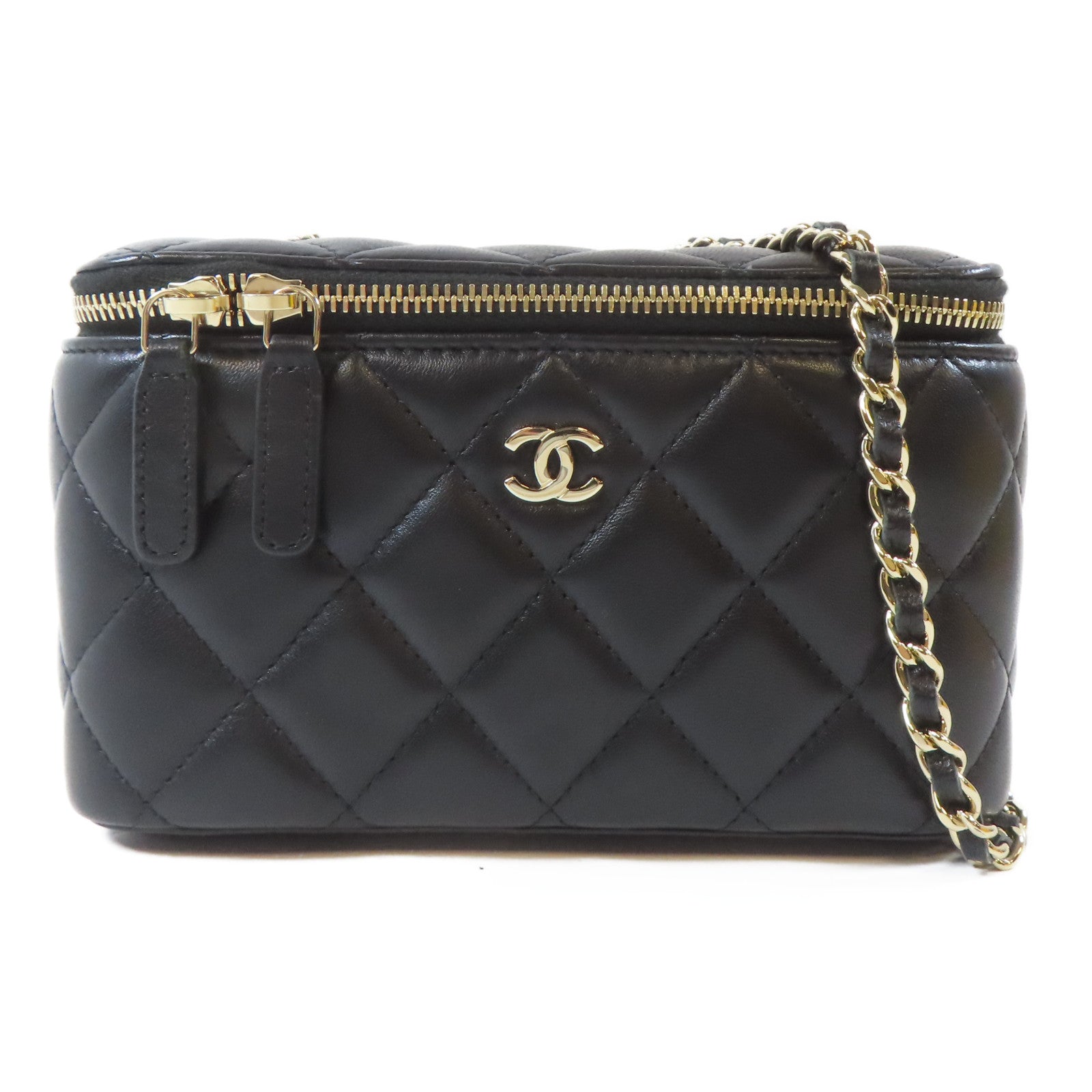 CHANEL 菱格羊皮皮革Vanity Bag金扣鏈帶肩背袋黑色