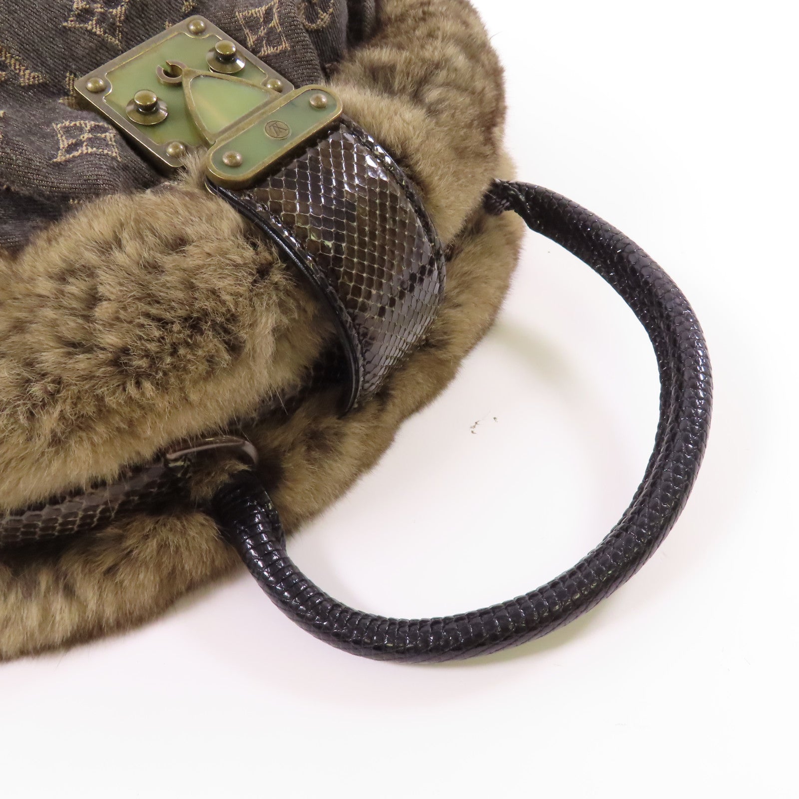 LOUIS VUITTON Monogram Denim/南美栗鼠皮毛/蛇皮皮革Handbag金扣手挽袋