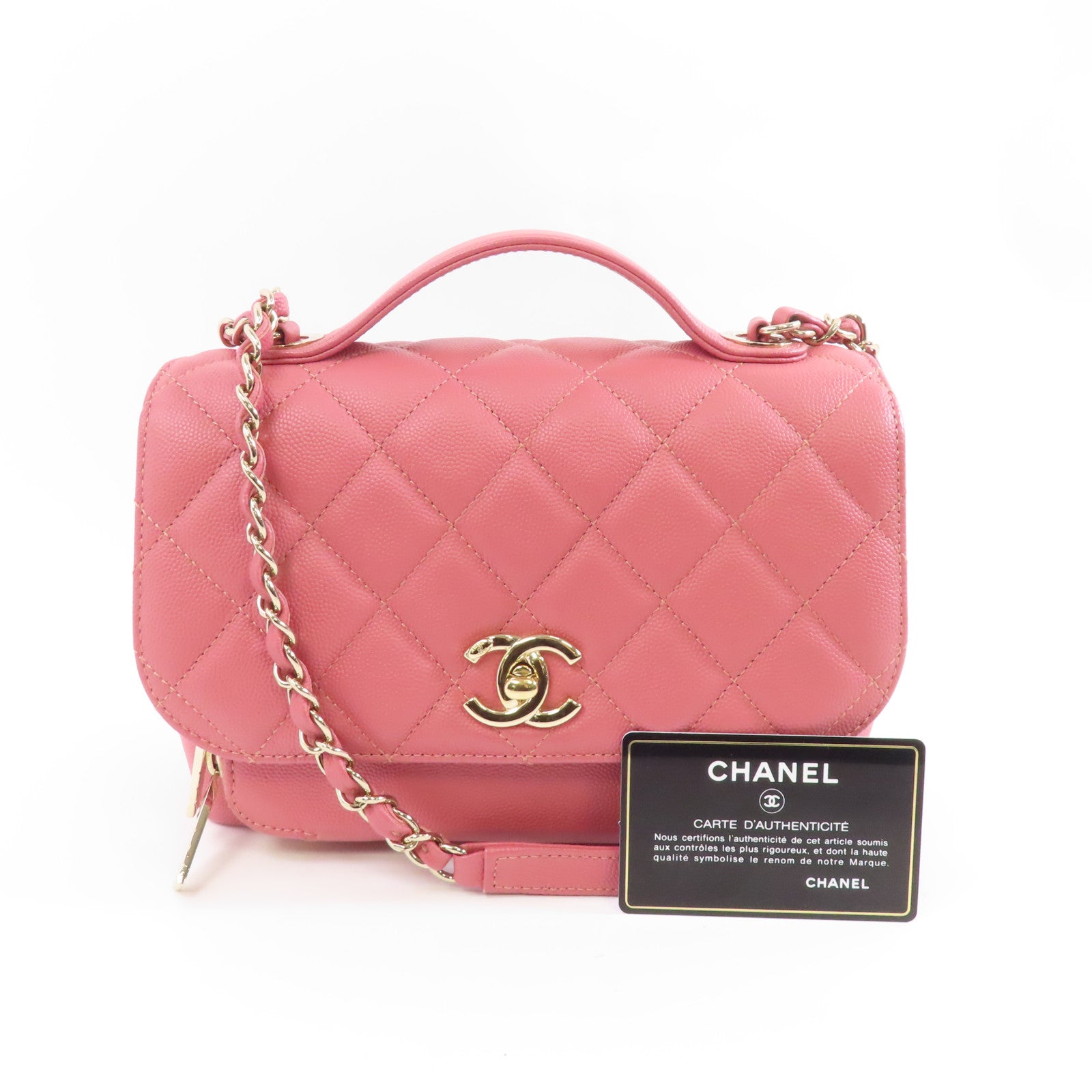 CHANEL 菱格牛皮皮革Chain Shoulder金扣手挽肩背兩用袋粉紅色