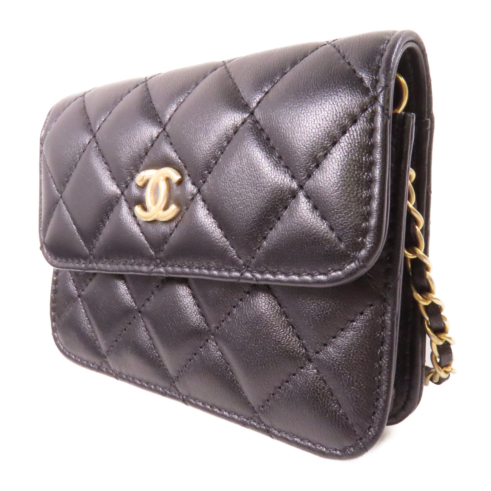 CHANEL 菱格羊皮皮革Bag金扣鏈帶肩背袋黑色