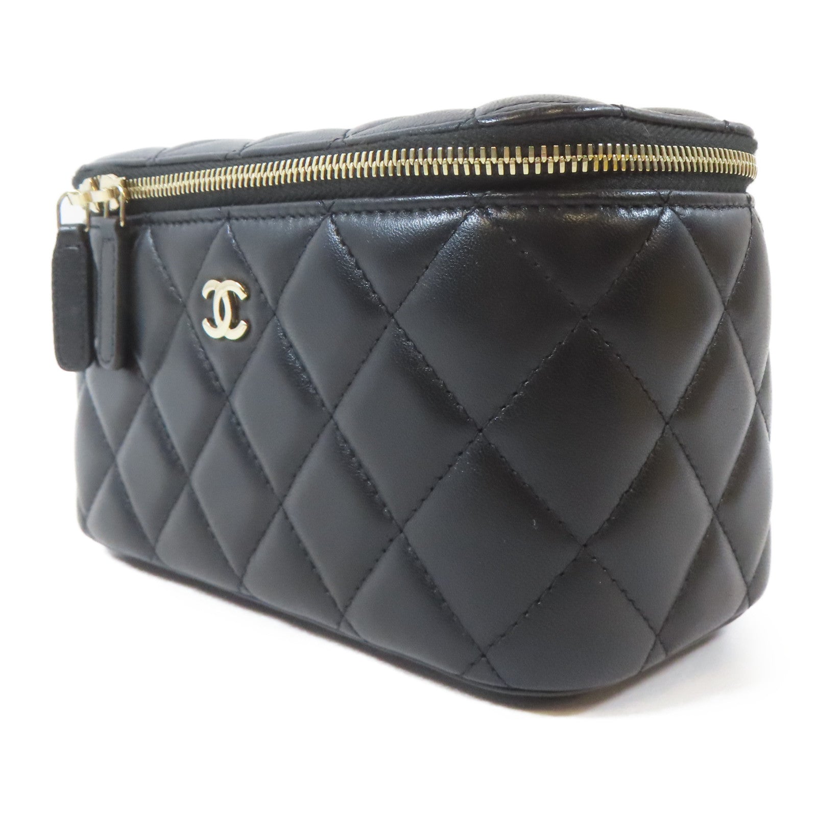 CHANEL 菱格羊皮皮革Vanity Bag金扣鏈帶肩背袋黑色
