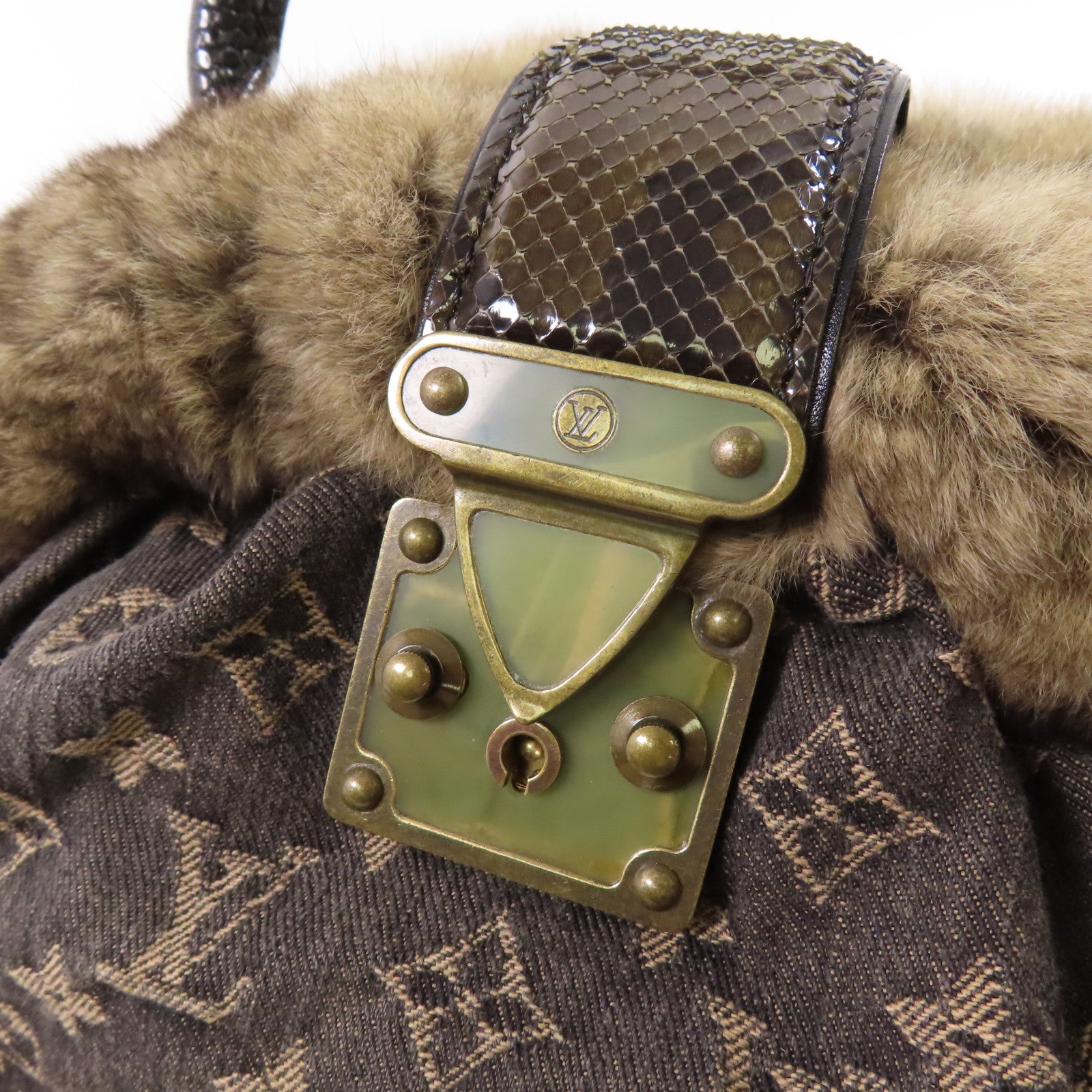 LOUIS VUITTON Monogram Denim/南美栗鼠皮毛/蛇皮皮革Handbag金扣手挽袋