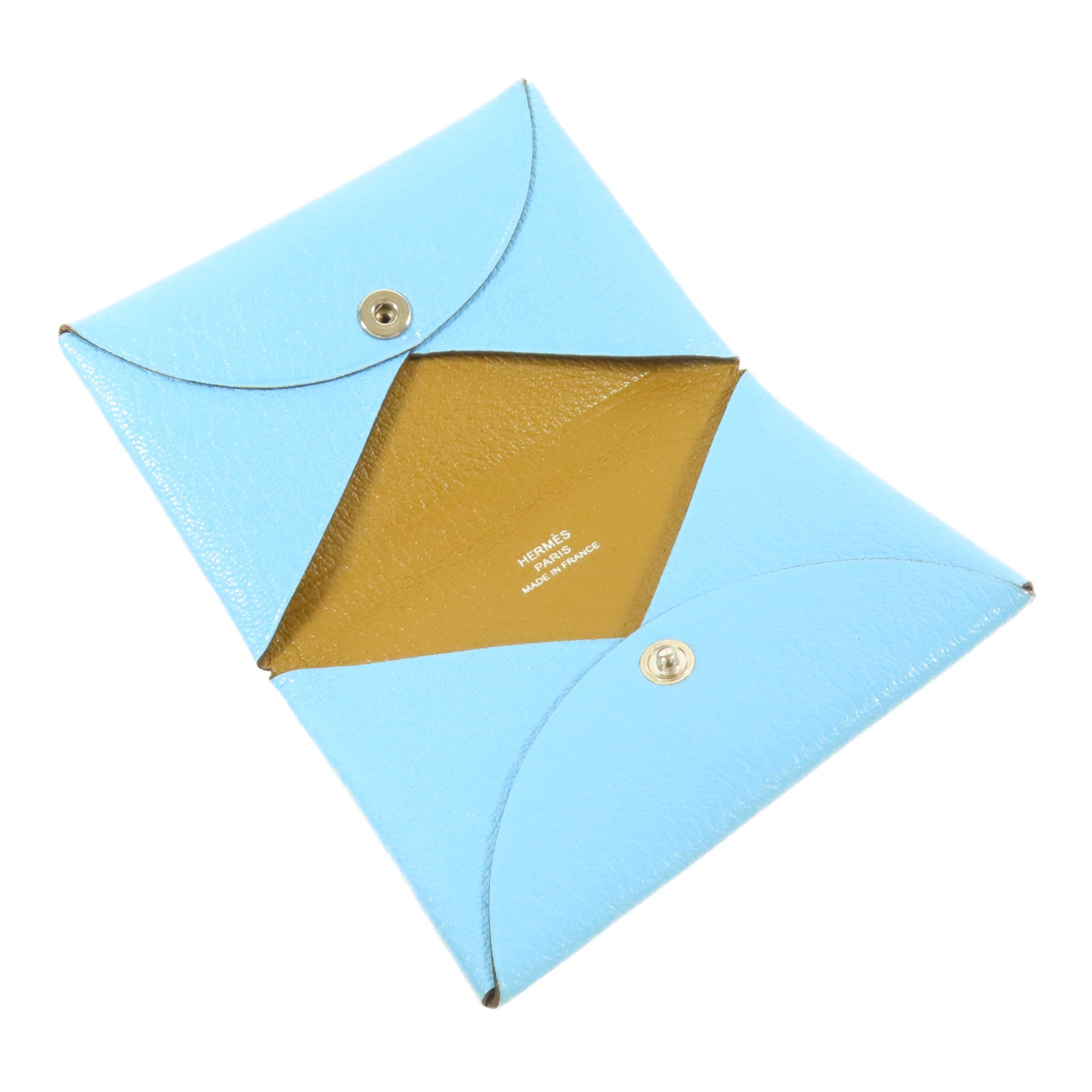 HERMES Chevre皮革Calvi銀扣卡片套Bleu du Nord