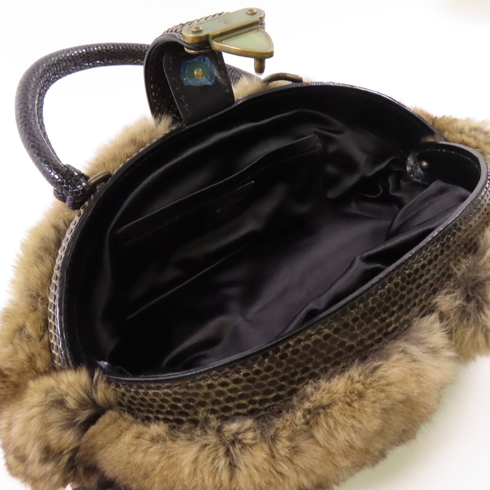 LOUIS VUITTON Monogram Denim/南美栗鼠皮毛/蛇皮皮革Handbag金扣手挽袋