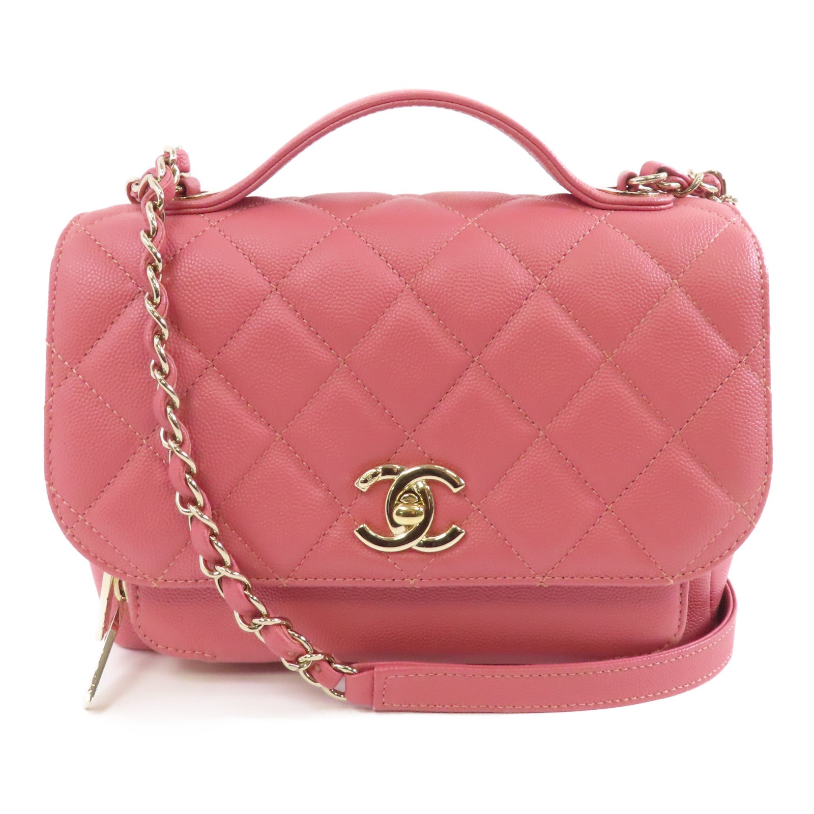 CHANEL 菱格牛皮皮革Chain Shoulder金扣手挽肩背兩用袋粉紅色