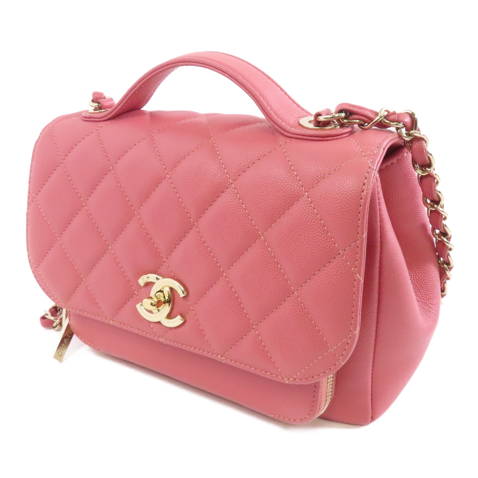 CHANEL 菱格牛皮皮革Chain Shoulder金扣手挽肩背兩用袋粉紅色