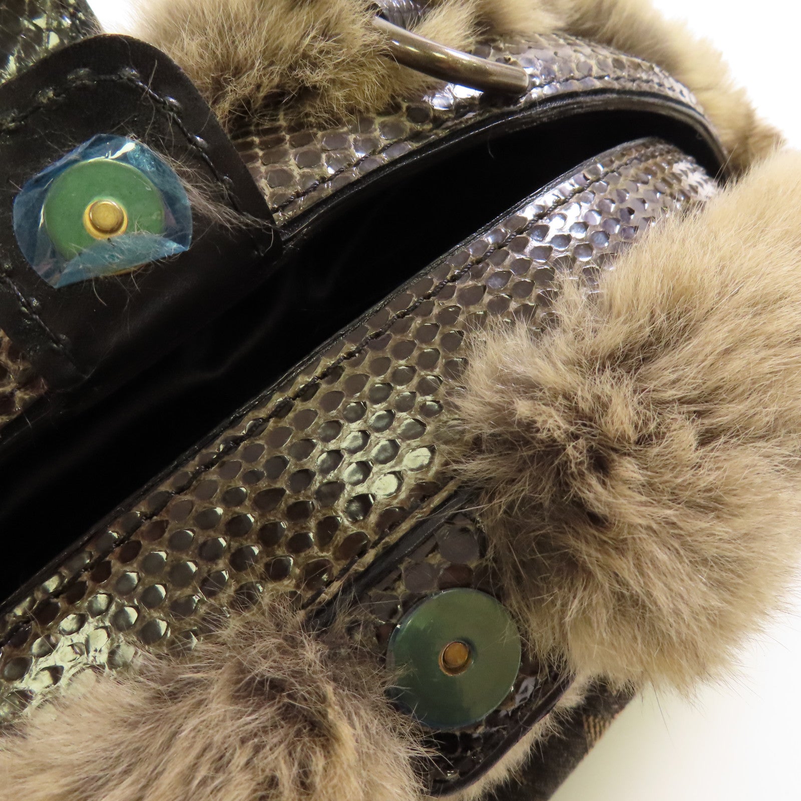 LOUIS VUITTON Monogram Denim/南美栗鼠皮毛/蛇皮皮革Handbag金扣手挽袋