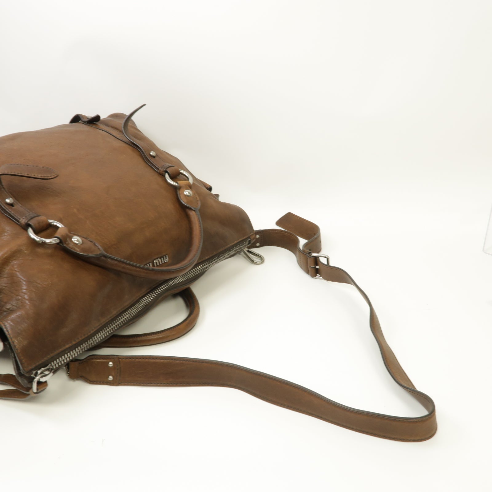 Miu Miu 牛皮皮革2way Shoulder Bag銀扣手挽肩背兩用袋棕色