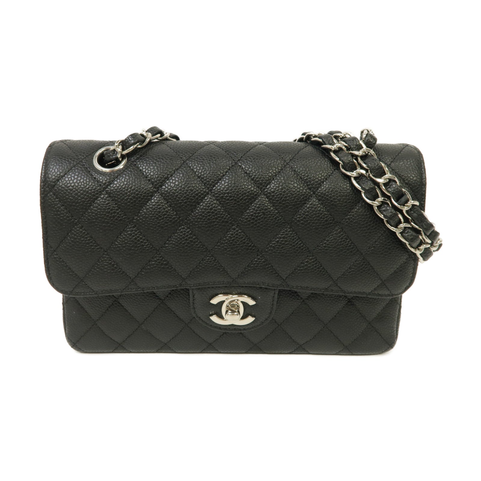 CHANEL 菱格Caviar皮革Classic 23銀扣鏈帶肩背袋黑色