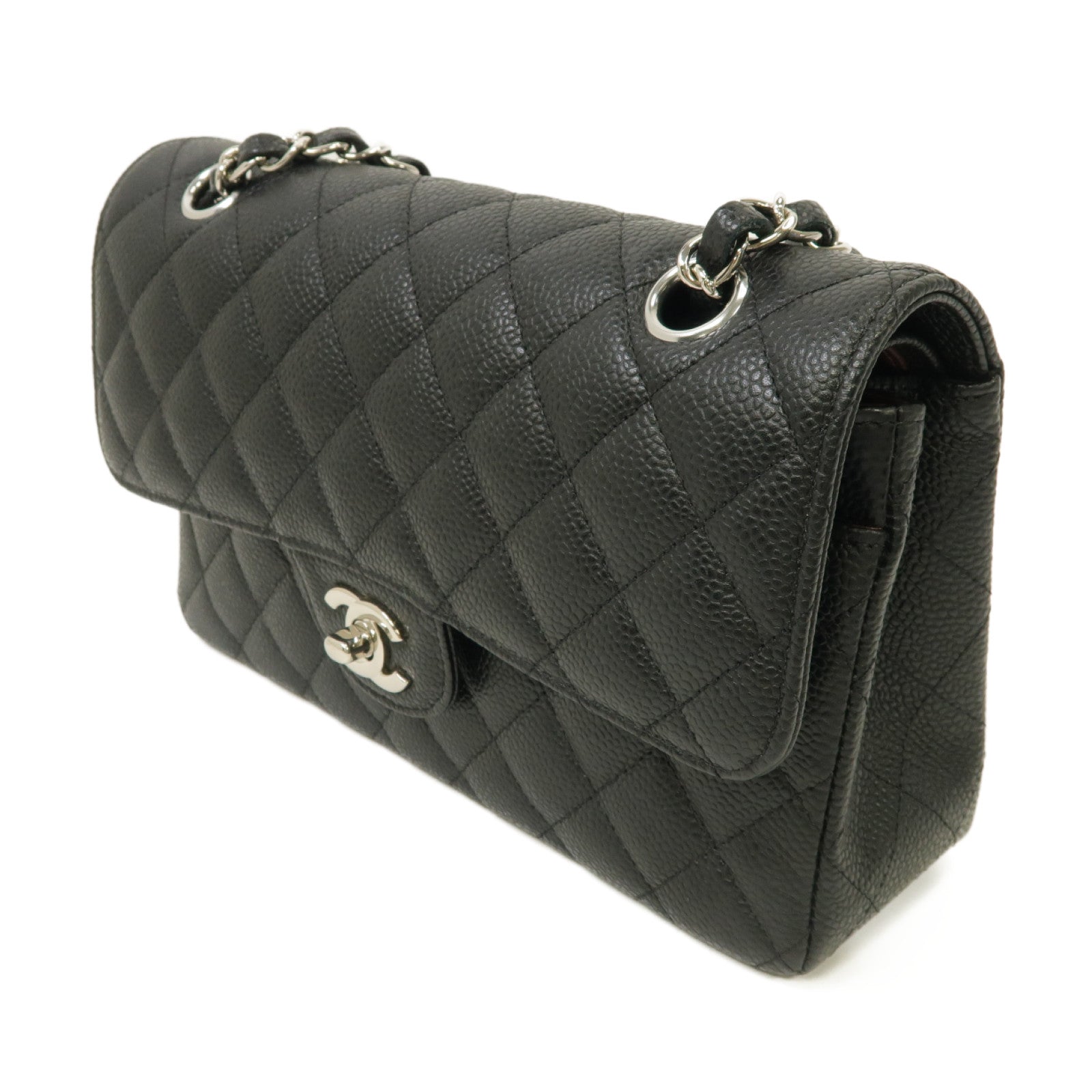 CHANEL 菱格Caviar皮革Classic 23銀扣鏈帶肩背袋黑色