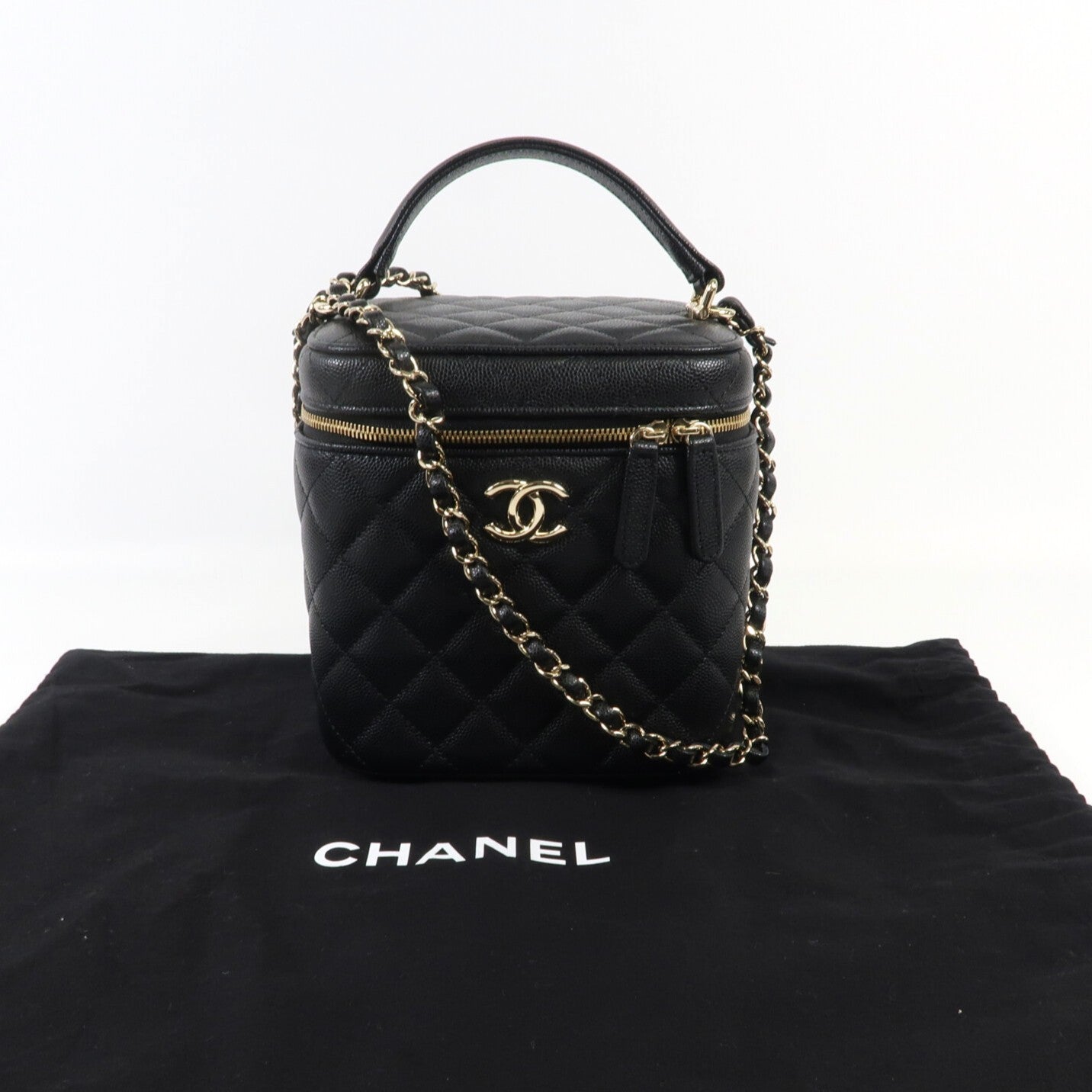 CHANEL 牛皮皮革Vanity Case金扣鏈帶手挽肩背兩用袋