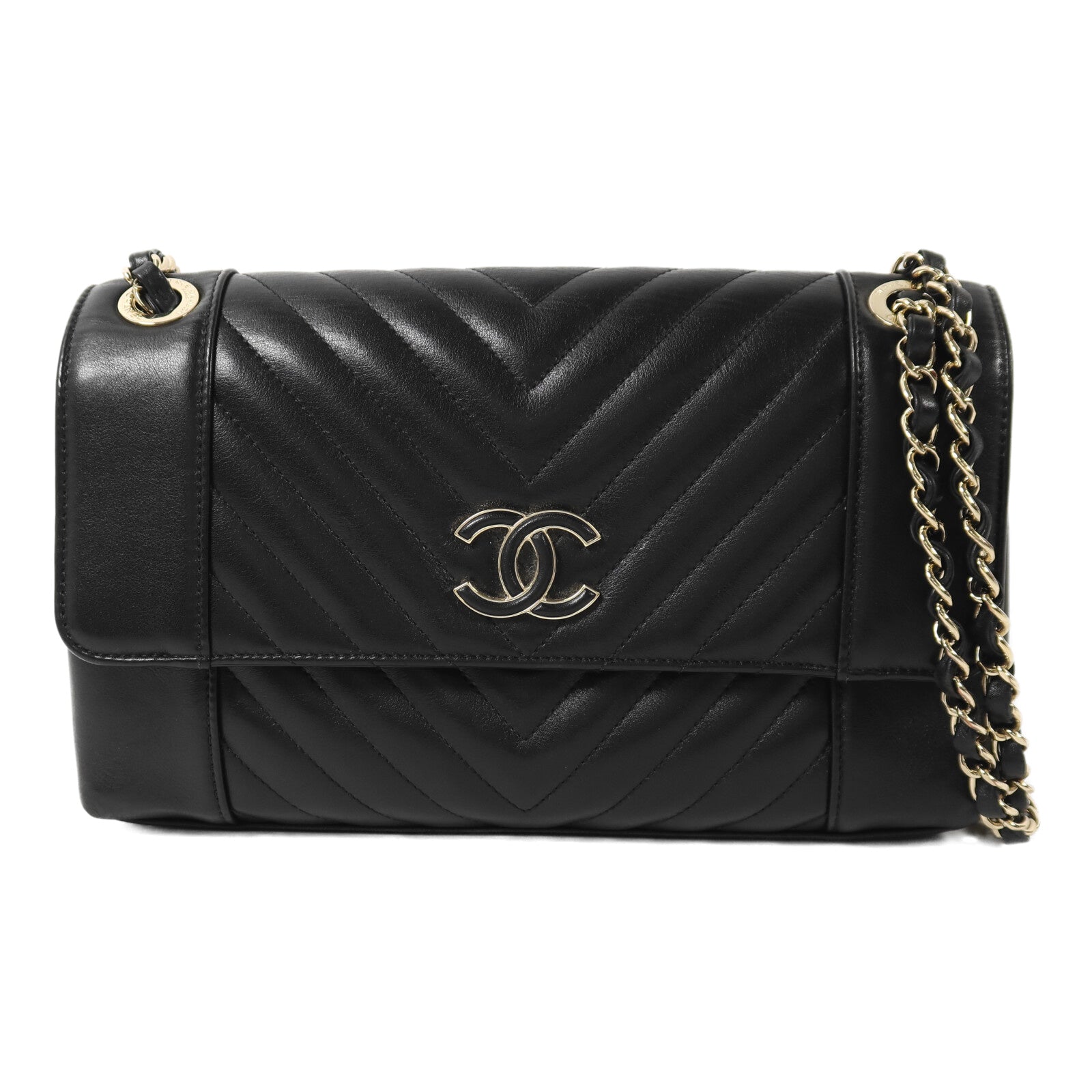 CHANEL 牛皮皮革Chain Shoulder金扣鏈帶肩背袋