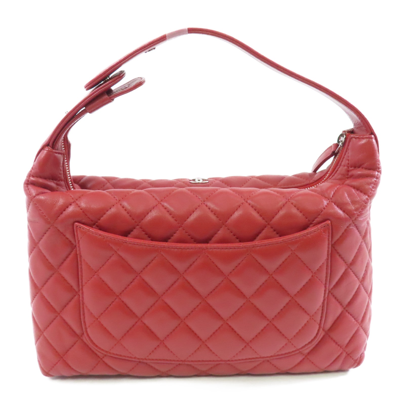 CHANEL 【激減優惠】菱格羊皮皮革Handbag銀扣手挽袋紅色
