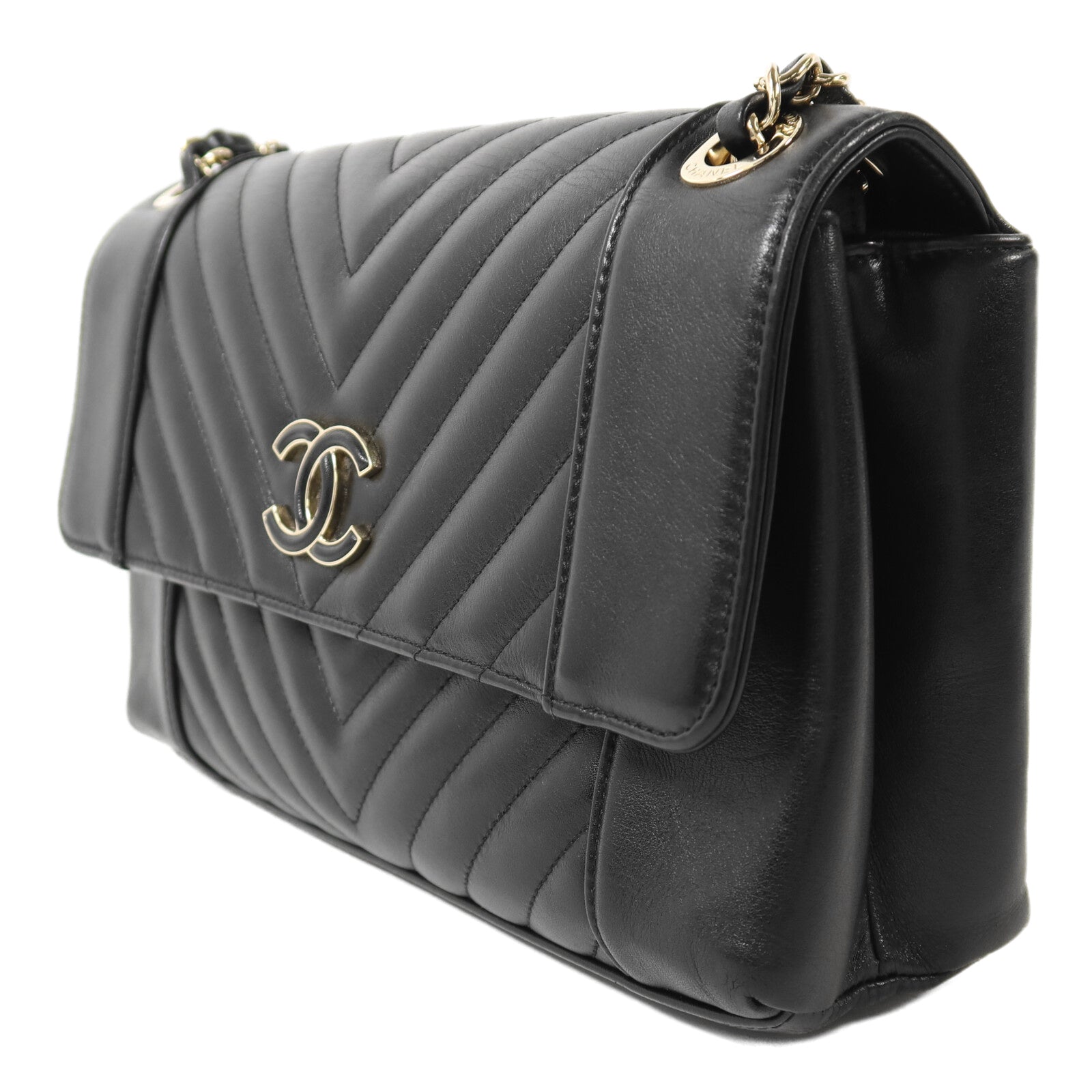 CHANEL 牛皮皮革Chain Shoulder金扣鏈帶肩背袋