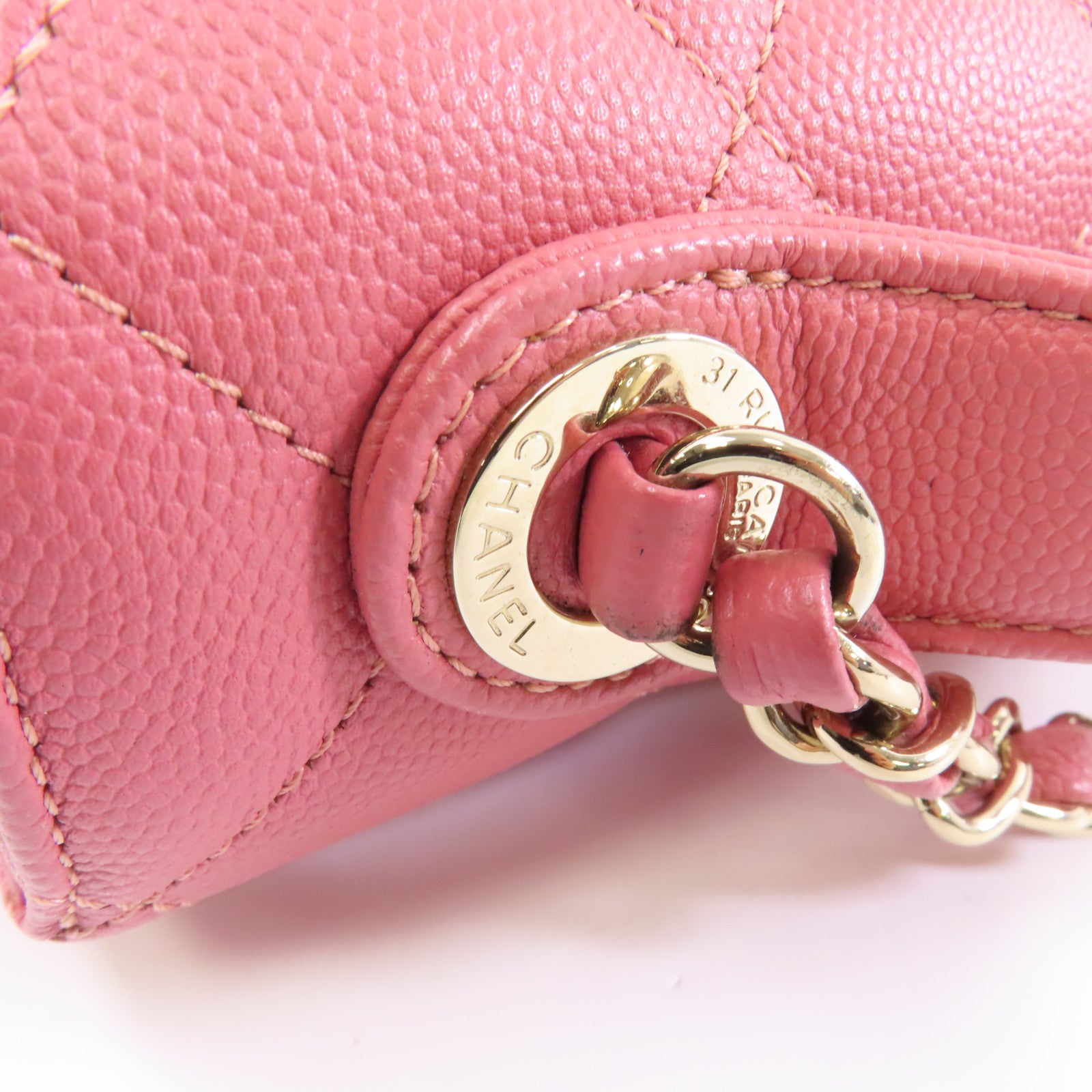CHANEL 菱格牛皮皮革Chain Shoulder金扣手挽肩背兩用袋粉紅色