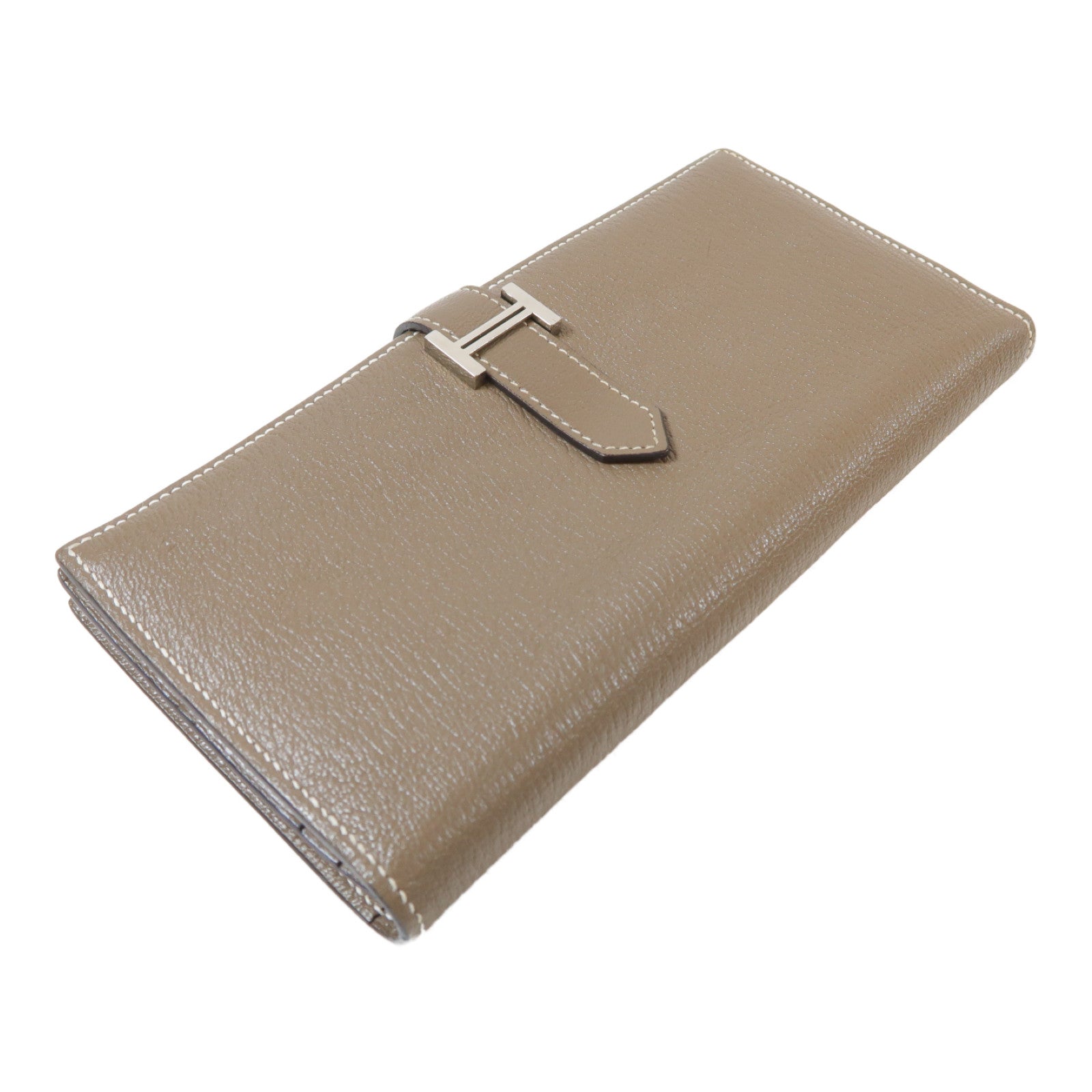 HERMES Epsom皮革Bearn Souffle銀扣長錢包Etoupe米灰色