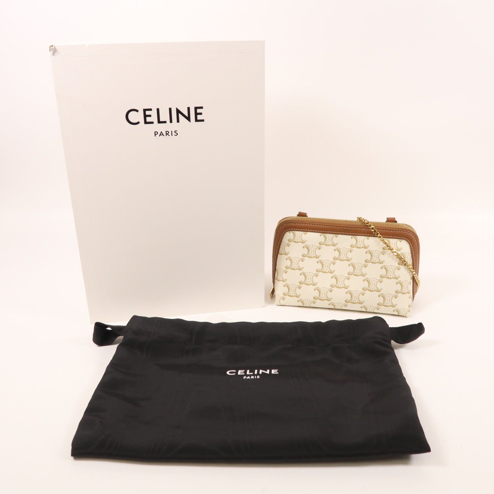 CELINE 塗層帆布Clutch On Chain金扣鏈帶肩背袋