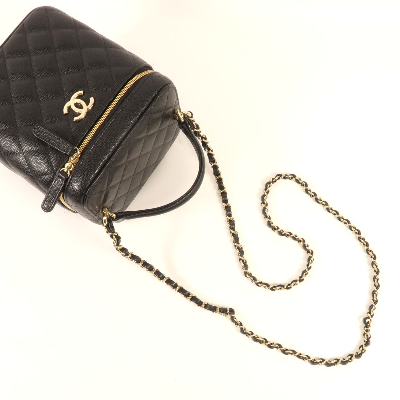 CHANEL 牛皮皮革Vanity Case金扣鏈帶手挽肩背兩用袋