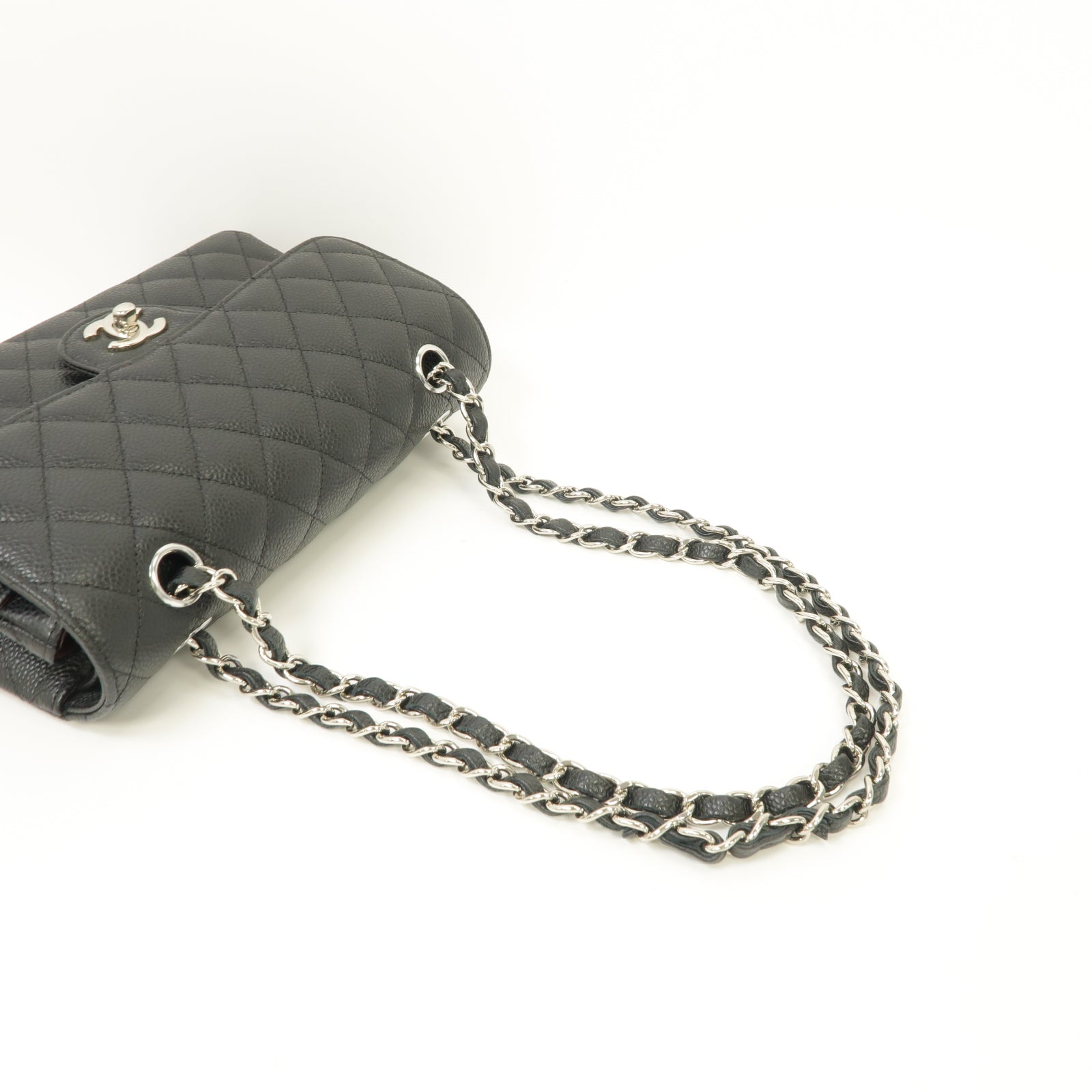 CHANEL 菱格Caviar皮革Classic 23銀扣鏈帶肩背袋黑色