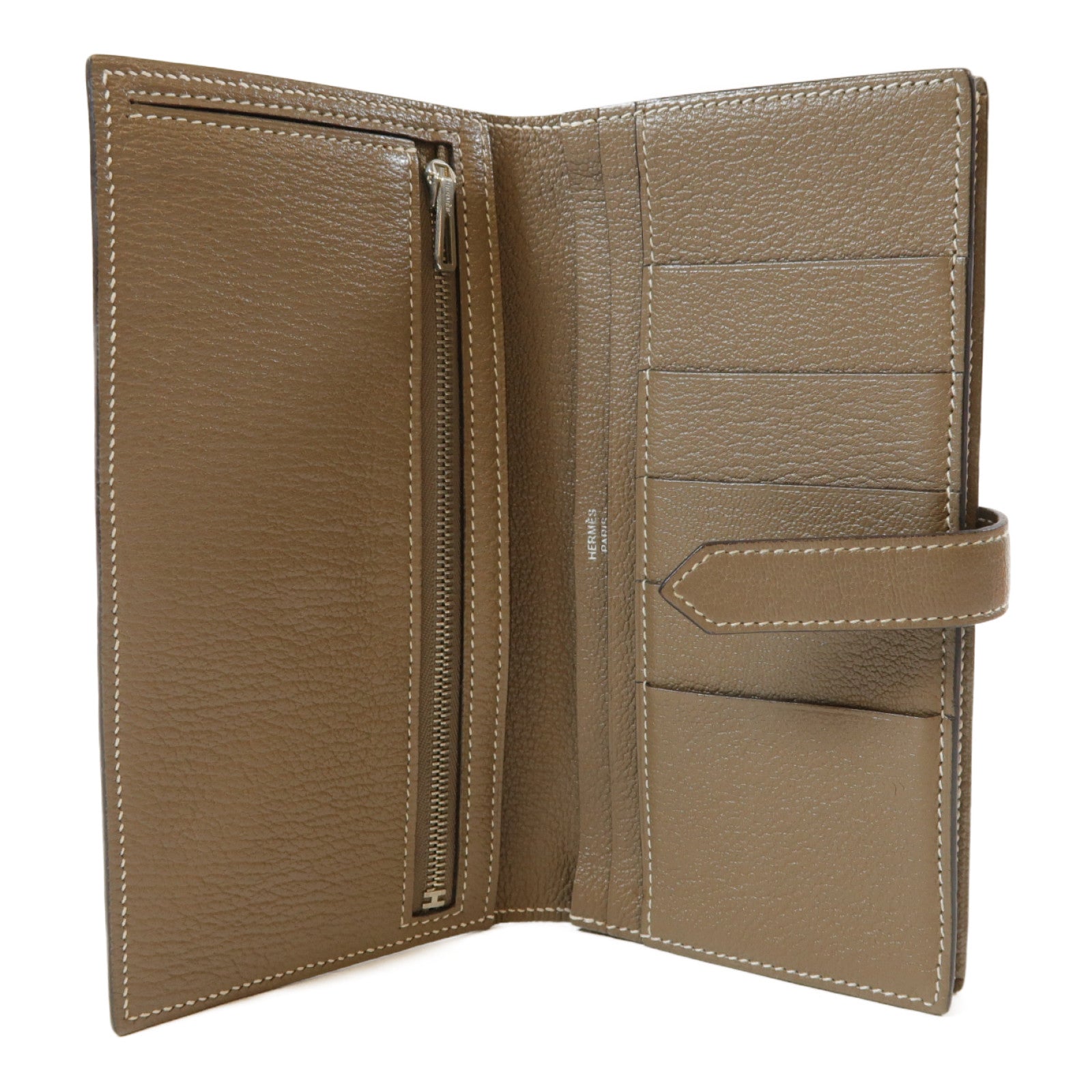 HERMES Epsom皮革Bearn Souffle銀扣長錢包Etoupe米灰色