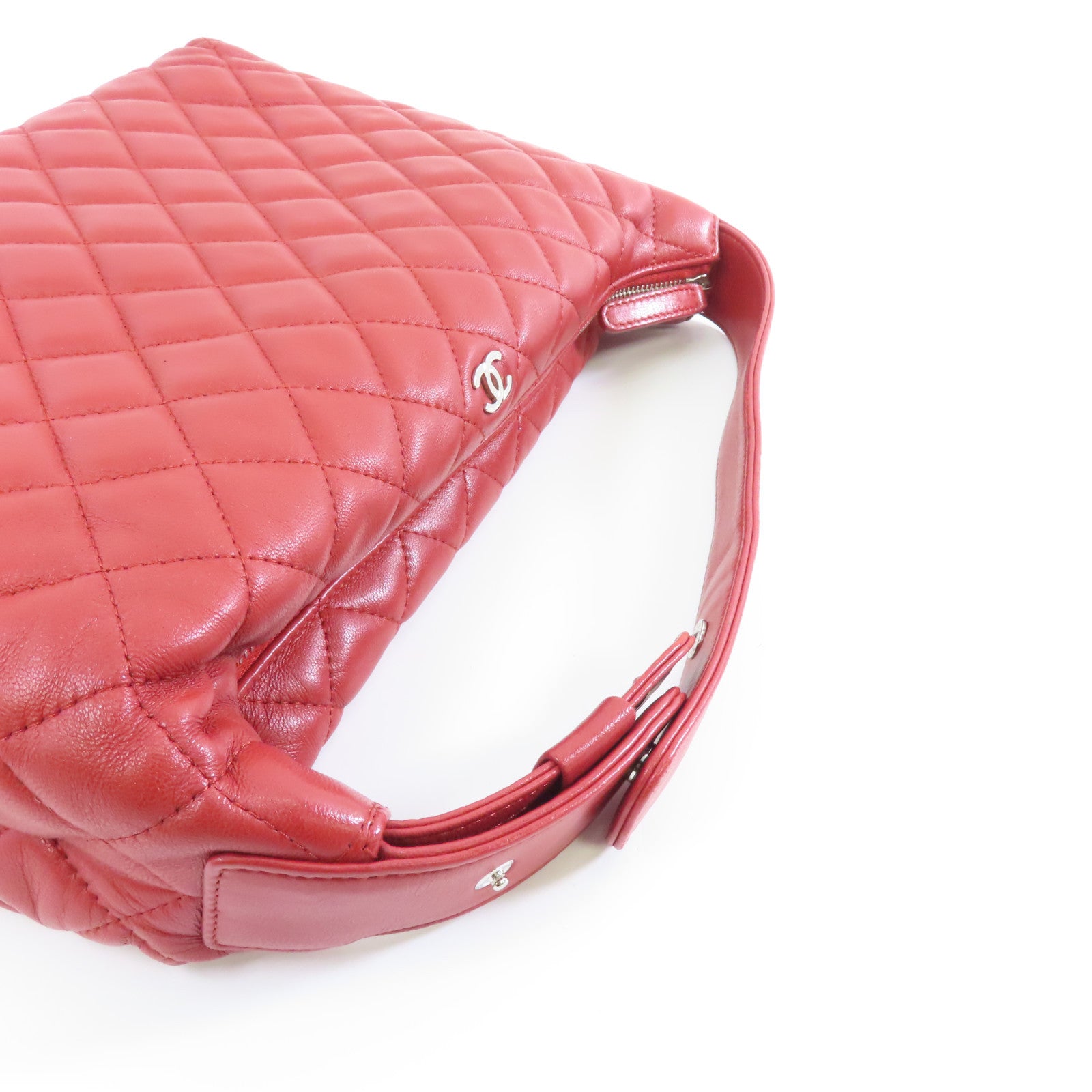 CHANEL 【激減優惠】菱格羊皮皮革Handbag銀扣手挽袋紅色