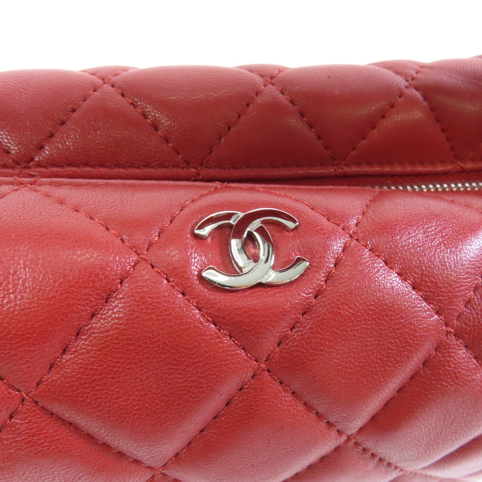 CHANEL 【激減優惠】菱格羊皮皮革Handbag銀扣手挽袋紅色