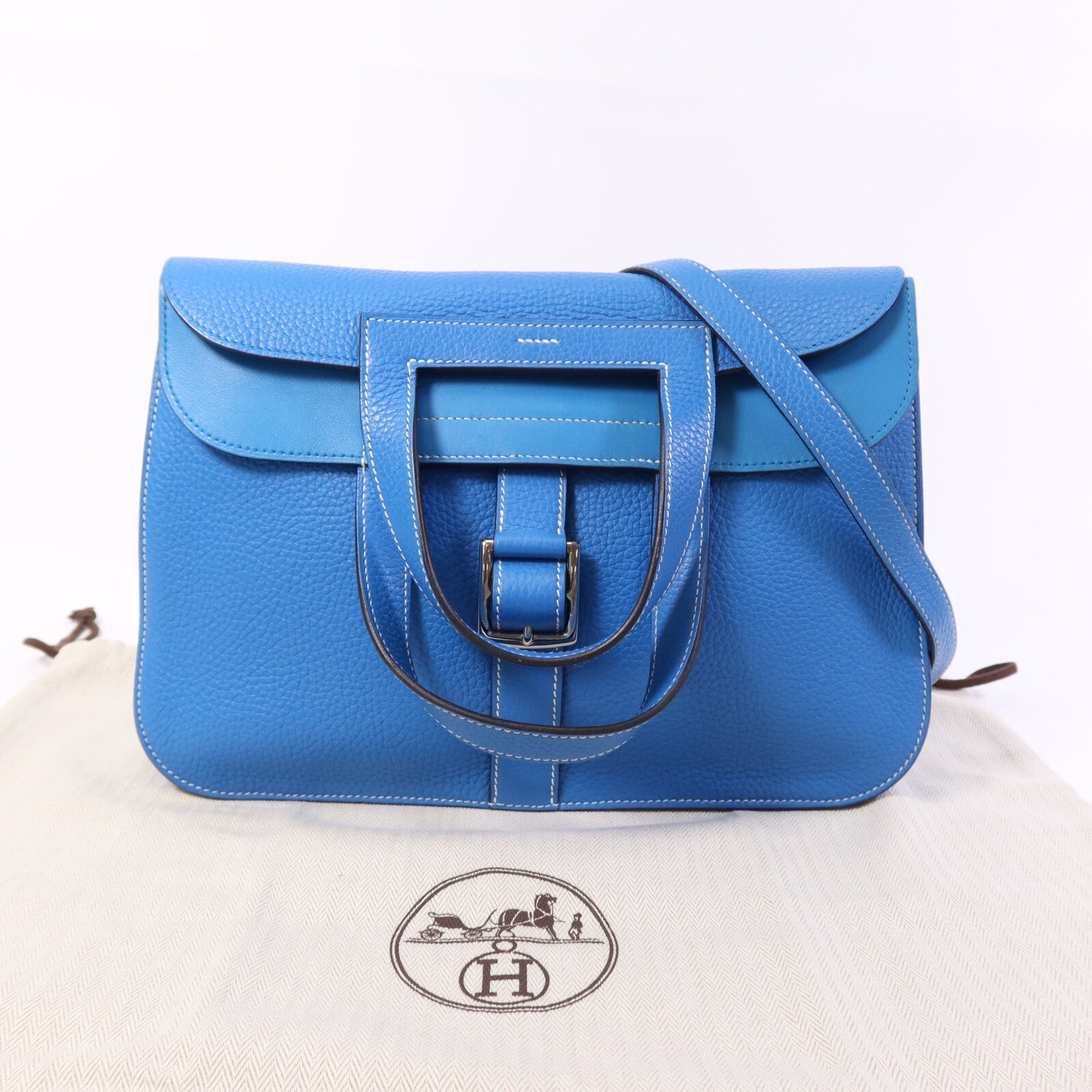 HERMES Clemence皮革Halzan 31銀扣手挽肩背兩用袋Bleu Zanzibar