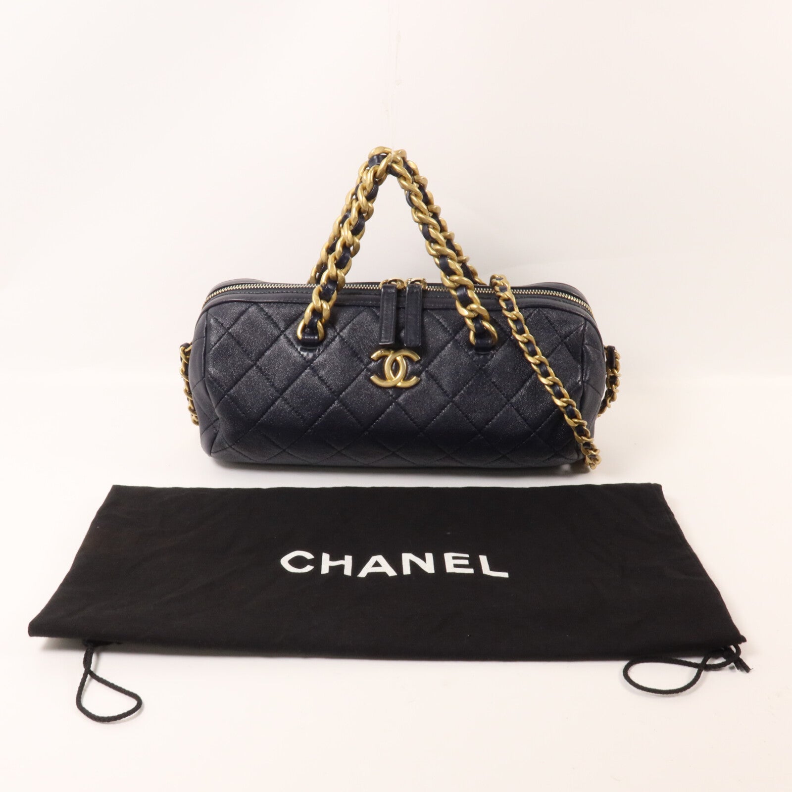 CHANEL 牛皮皮革Bowling Bag鏈帶手挽肩背兩用袋