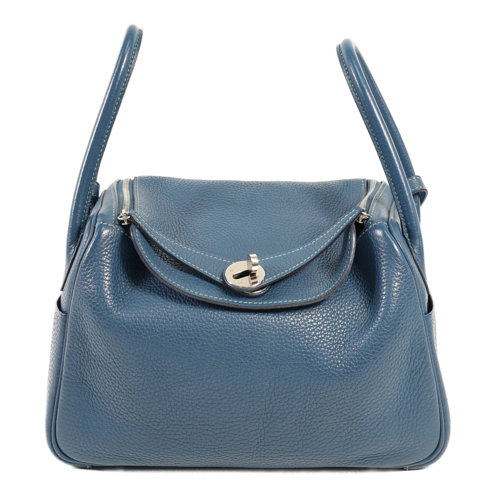 HERMES 【激減優惠】Clemence皮革Lindy 26銀扣手挽肩背兩用袋Bleu Colvert/Turquoise