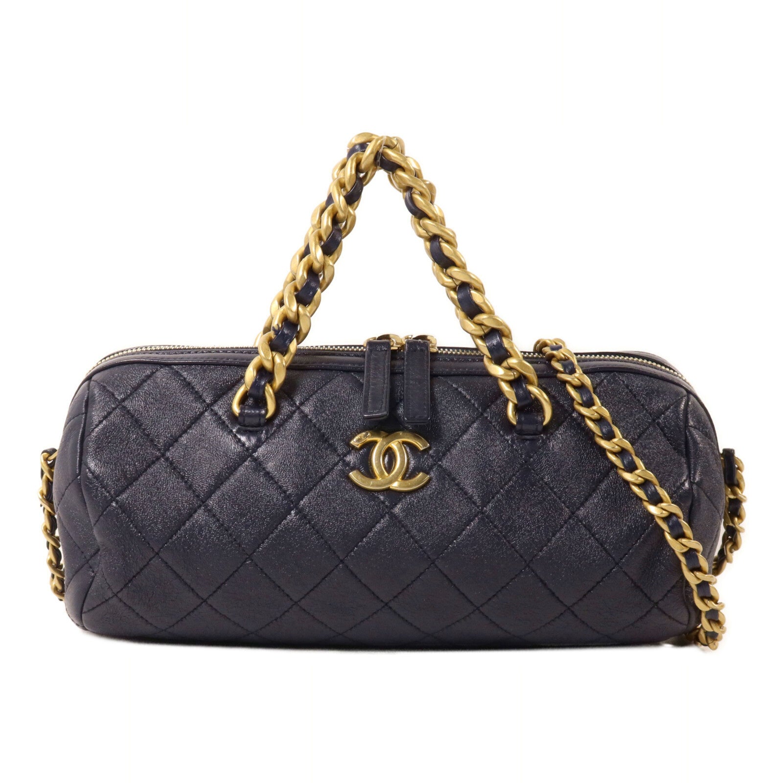 CHANEL 牛皮皮革Bowling Bag鏈帶手挽肩背兩用袋