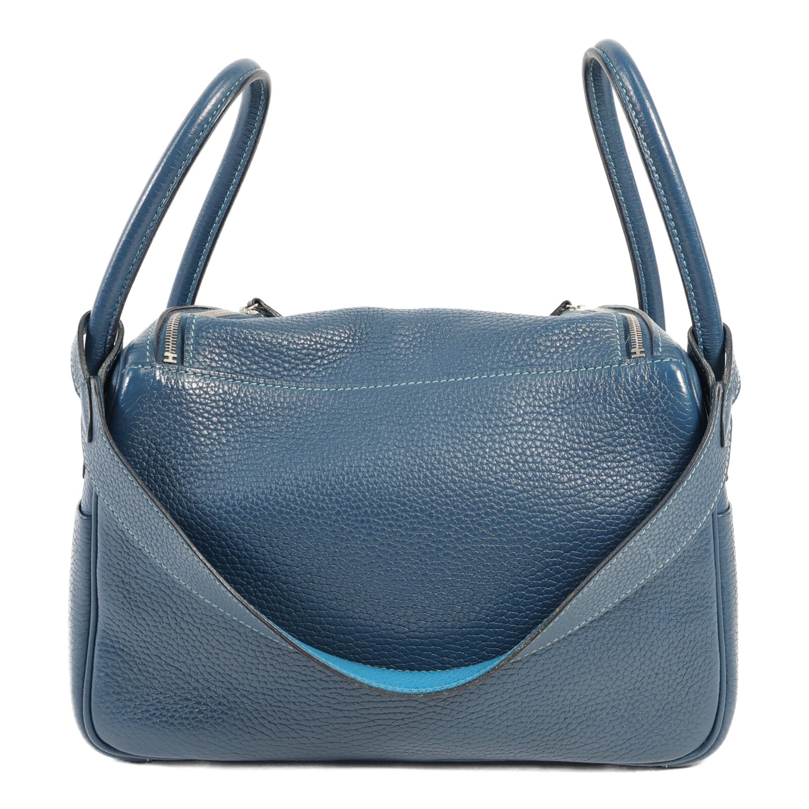 HERMES Clemence皮革Lindy 26銀扣手挽肩背兩用袋Bleu Colvert/Turquoise